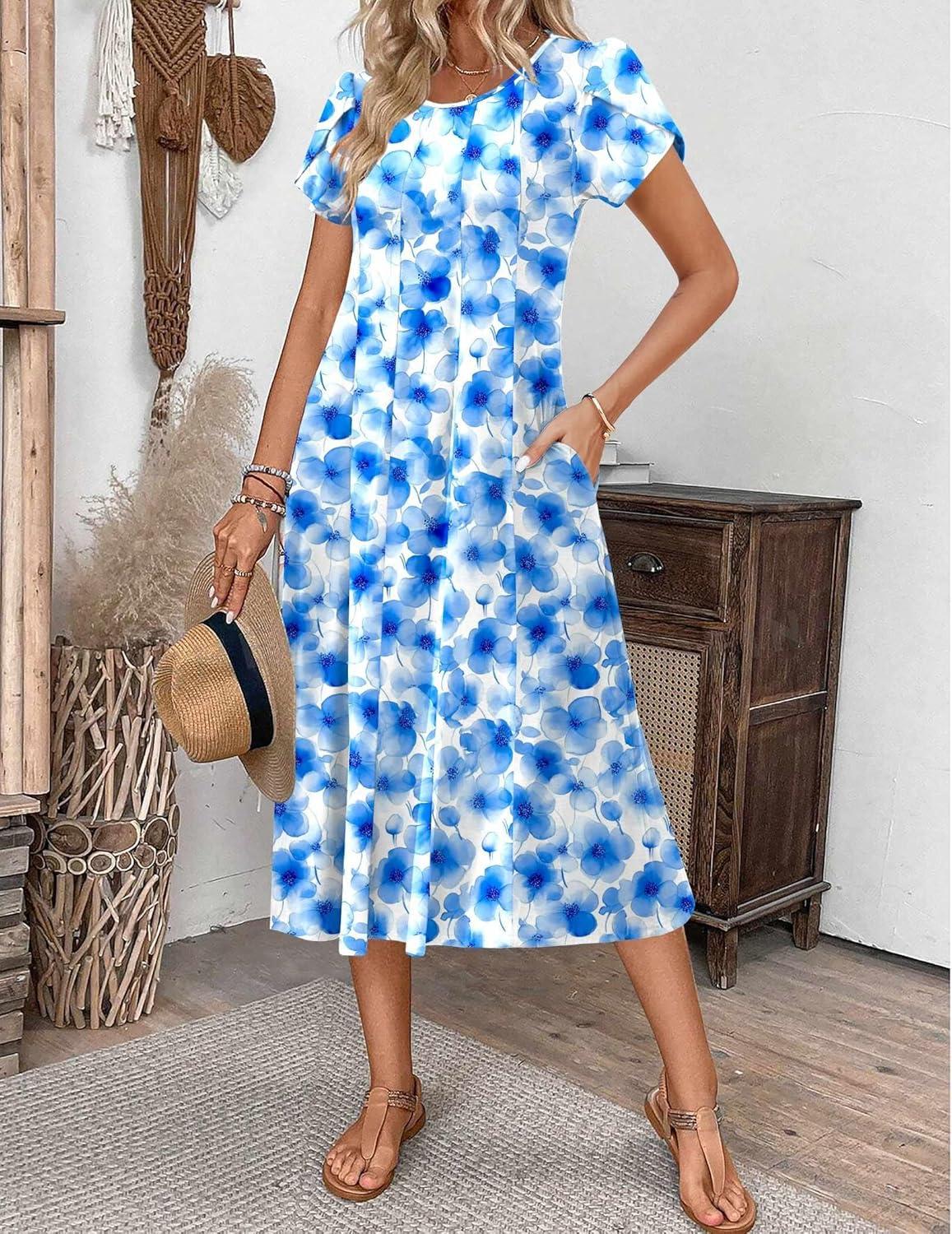 imageZEAGOO Womens Casual Dresses for Summer Short Sleeve Flare Midi Dress Loose Flowy Beach Sundress2602 Light Blue Floral