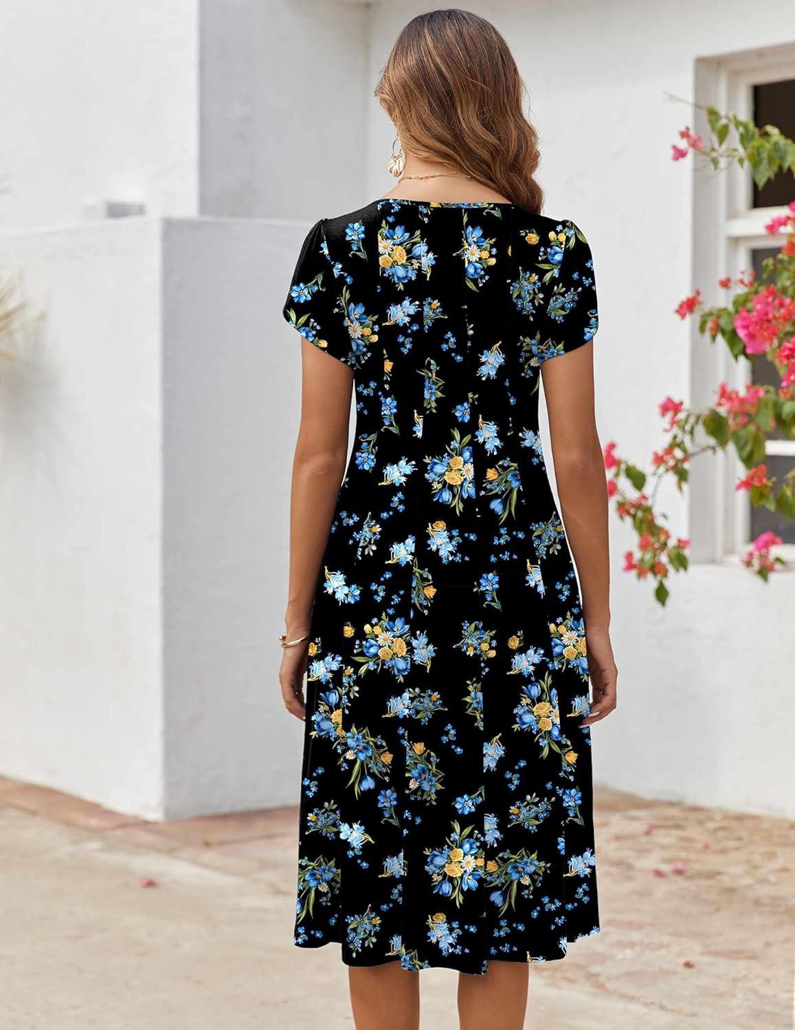imageZEAGOO Womens Casual Dresses for Summer Short Sleeve Flare Midi Dress Loose Flowy Beach Sundress2602 Navy Flower