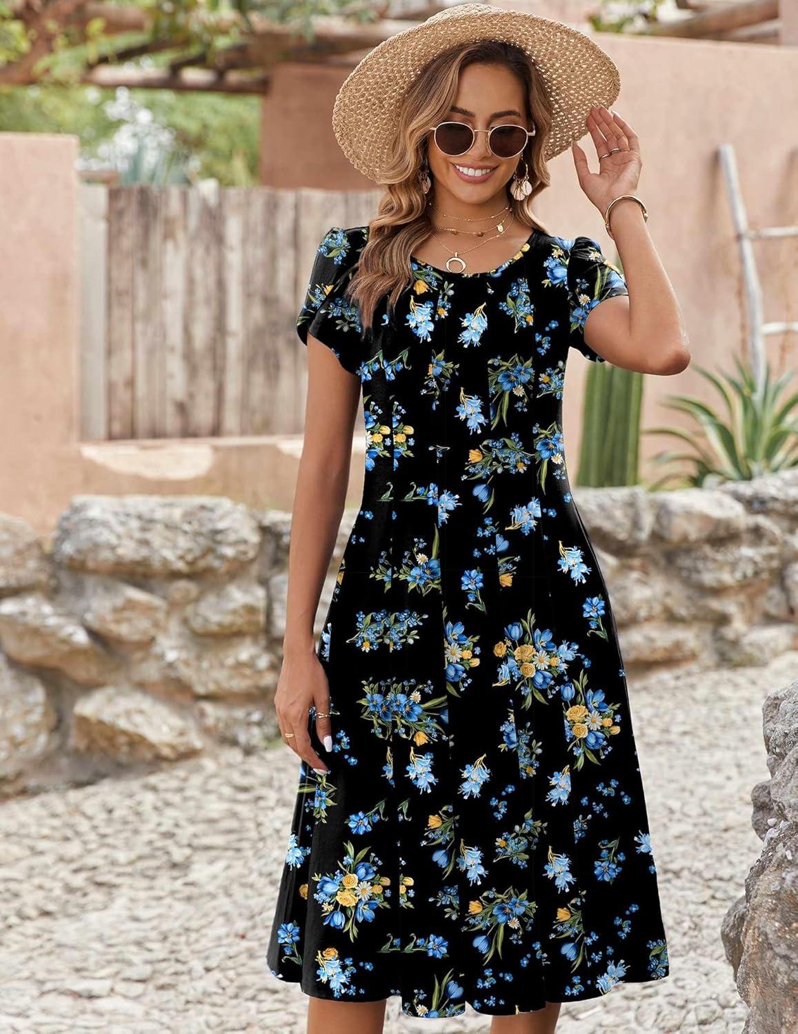 imageZEAGOO Womens Casual Dresses for Summer Short Sleeve Flare Midi Dress Loose Flowy Beach Sundress2602 Navy Flower