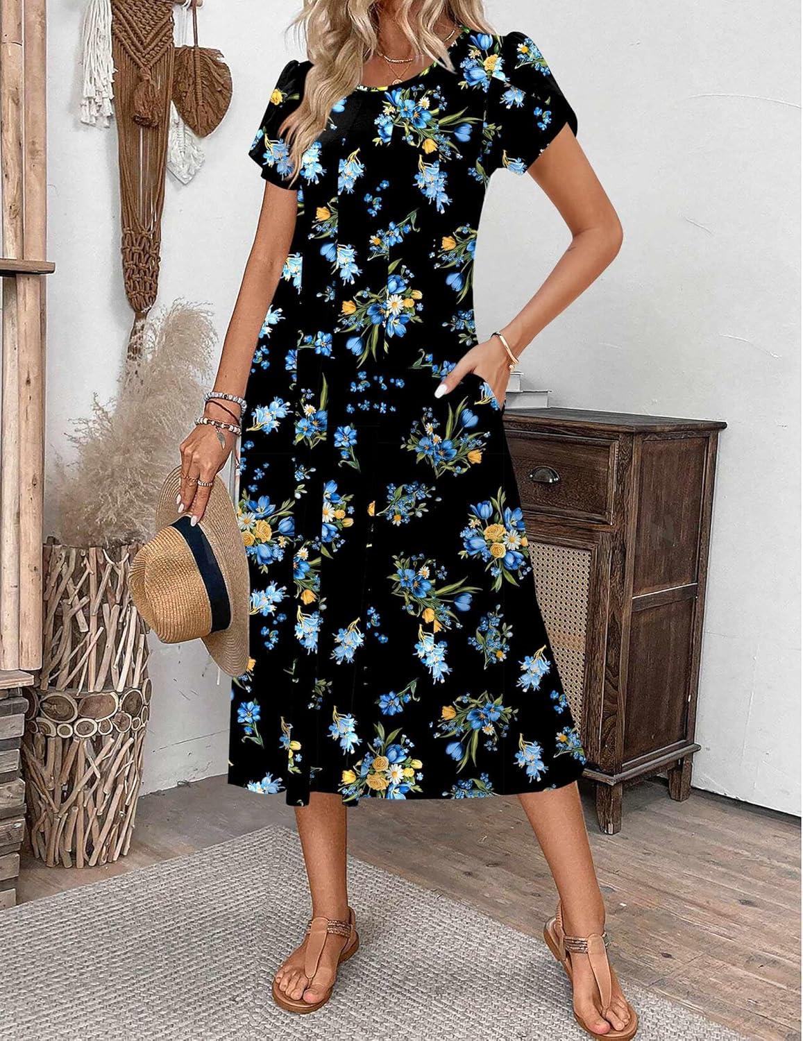 imageZEAGOO Womens Casual Dresses for Summer Short Sleeve Flare Midi Dress Loose Flowy Beach Sundress2602 Navy Flower