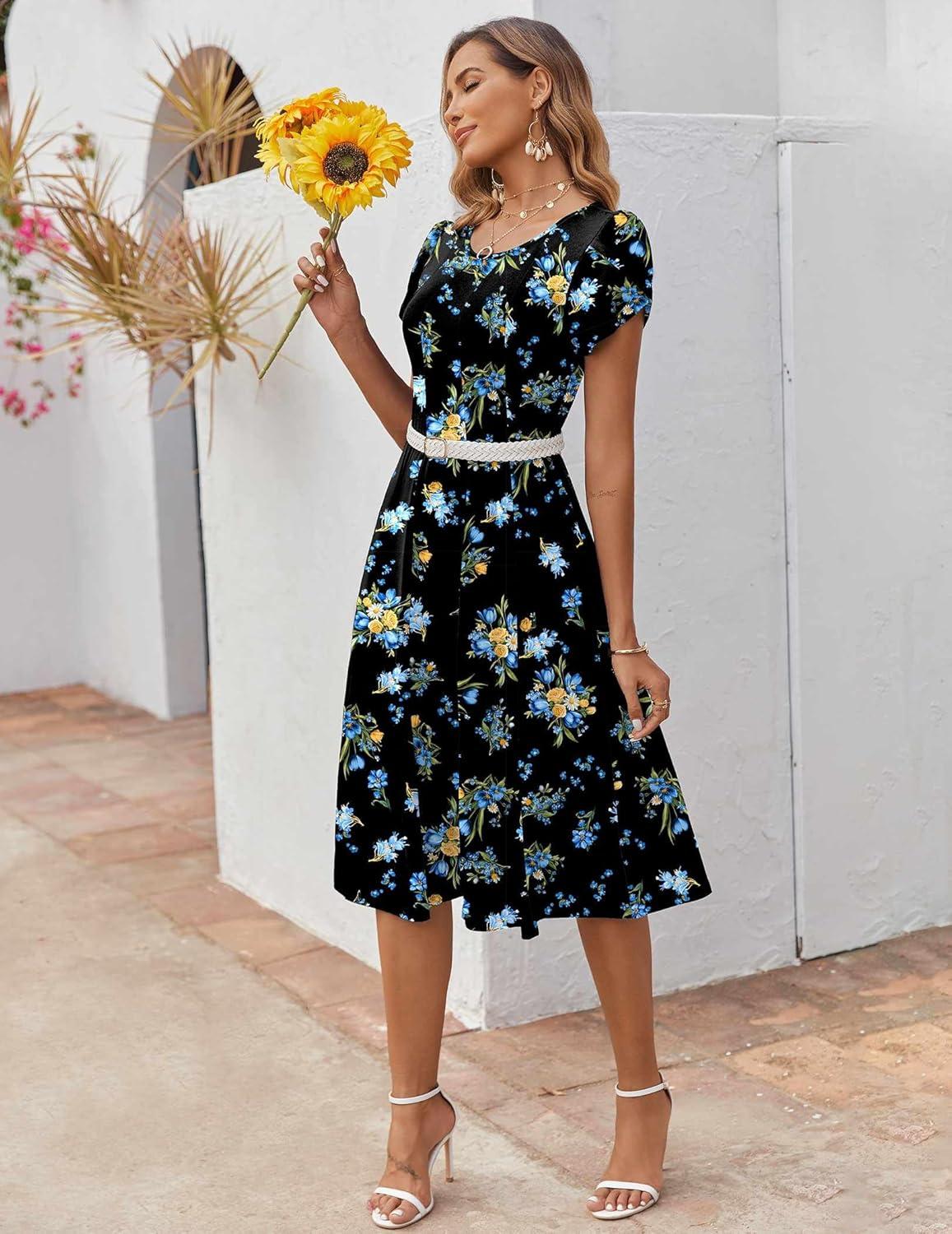 imageZEAGOO Womens Casual Dresses for Summer Short Sleeve Flare Midi Dress Loose Flowy Beach Sundress2602 Navy Flower