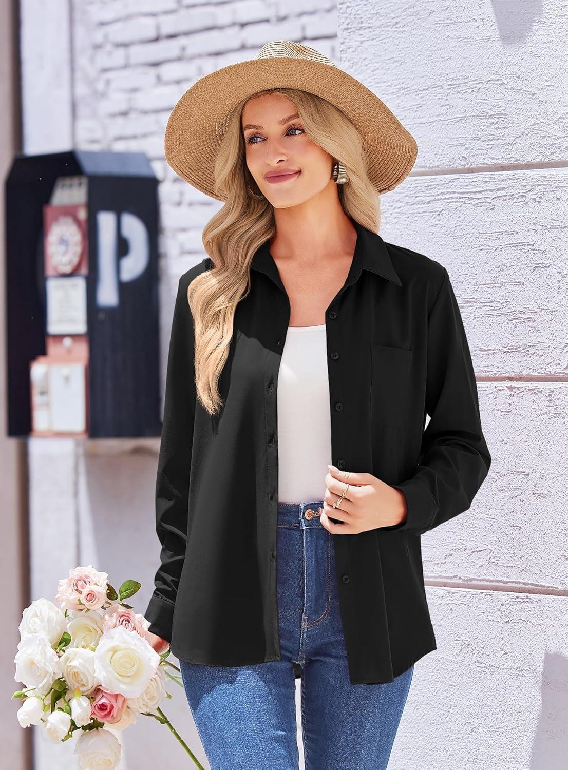 imageZeagoo Womens Button Down Shirt Long Sleeve Blouse Business Work Tops Dressy Casual Floral Printed Outfits with PocketAblack