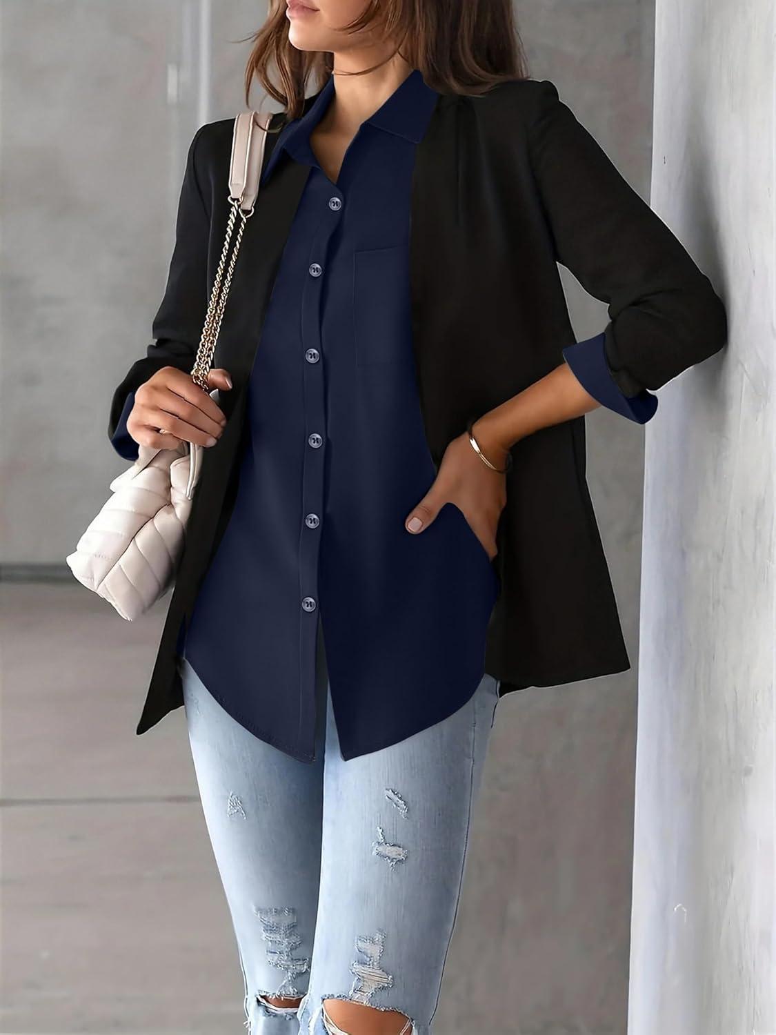 imageZeagoo Womens Button Down Shirt Long Sleeve Blouse Business Work Tops Dressy Casual Floral Printed Outfits with PocketBblue