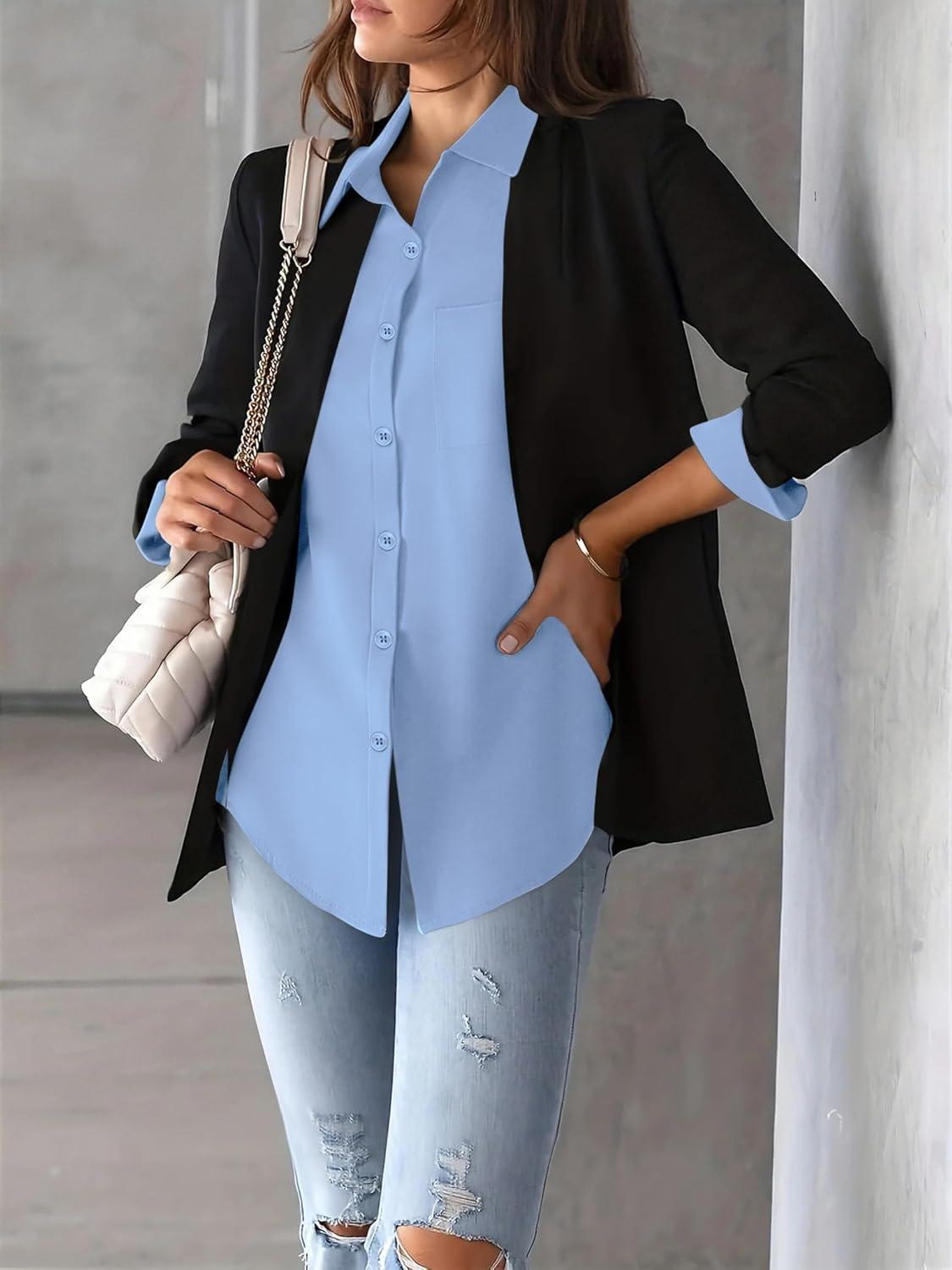 imageZeagoo Womens Button Down Shirt Long Sleeve Blouse Business Work Tops Dressy Casual Floral Printed Outfits with PocketBlight Blue