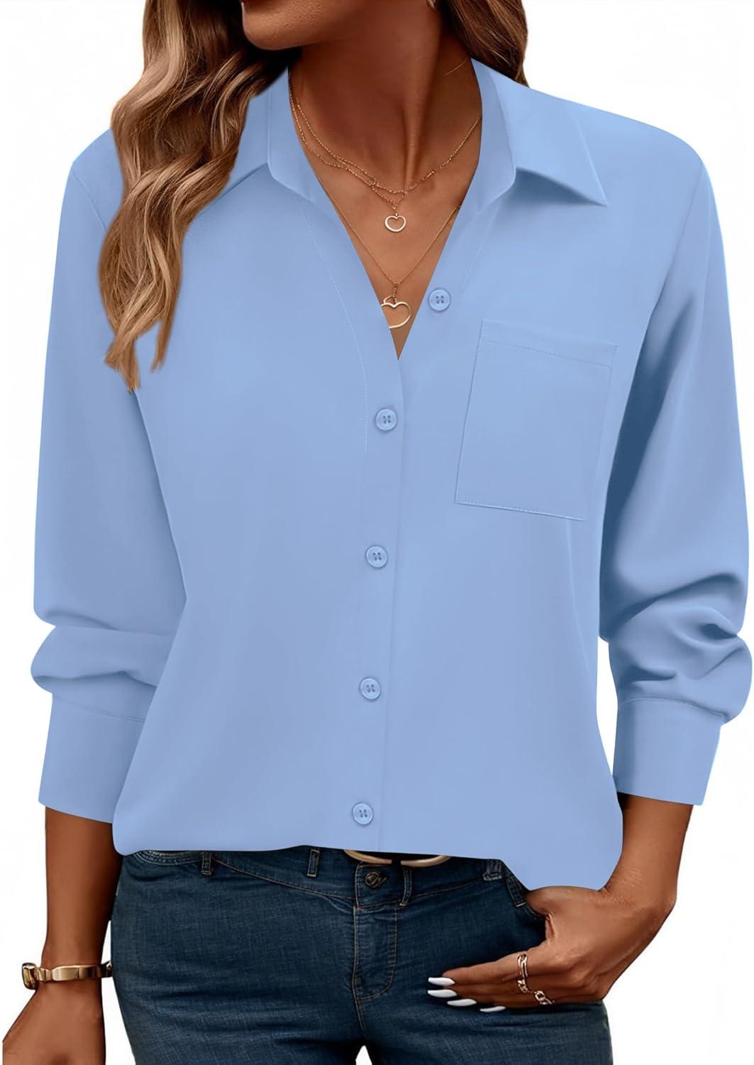 imageZeagoo Womens Button Down Shirt Long Sleeve Blouse Business Work Tops Dressy Casual Floral Printed Outfits with PocketBlight Blue