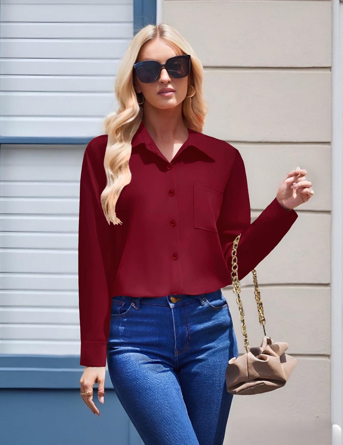 imageZeagoo Womens Button Down Shirt Long Sleeve Blouse Business Work Tops Dressy Casual Floral Printed Outfits with PocketBwine Red