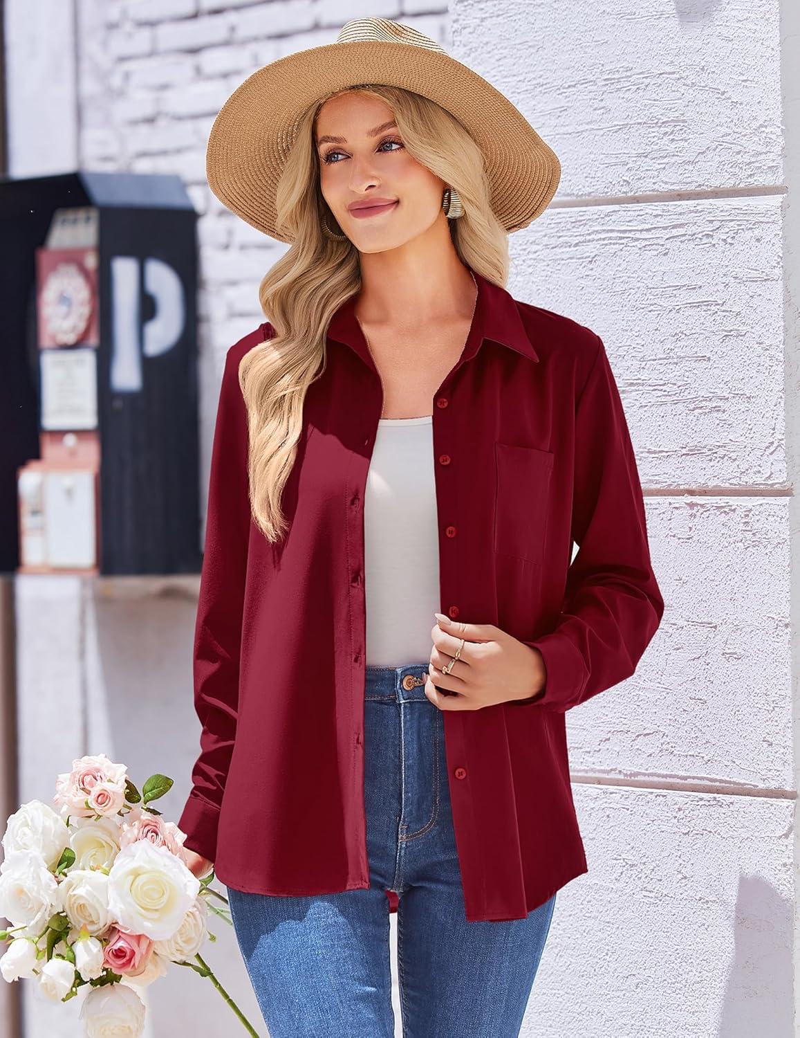 imageZeagoo Womens Button Down Shirt Long Sleeve Blouse Business Work Tops Dressy Casual Floral Printed Outfits with PocketBwine Red