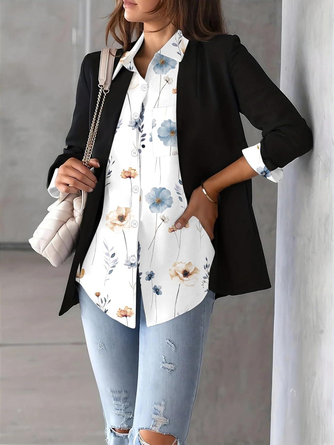 imageZeagoo Womens Button Down Shirt Long Sleeve Blouse Business Work Tops Dressy Casual Floral Printed Outfits with PocketCbf112