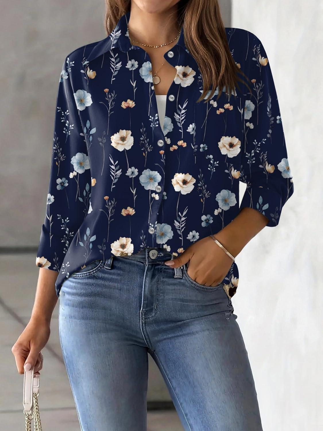 imageZeagoo Womens Button Down Shirt Long Sleeve Blouse Business Work Tops Dressy Casual Floral Printed Outfits with PocketCbf318