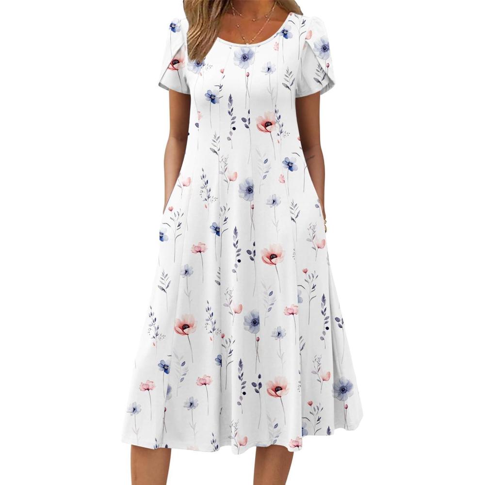 imageZEAGOO Womens Casual Dresses for Summer Short Sleeve Flare Midi Dress Loose Flowy Beach Sundress2501 White Floral