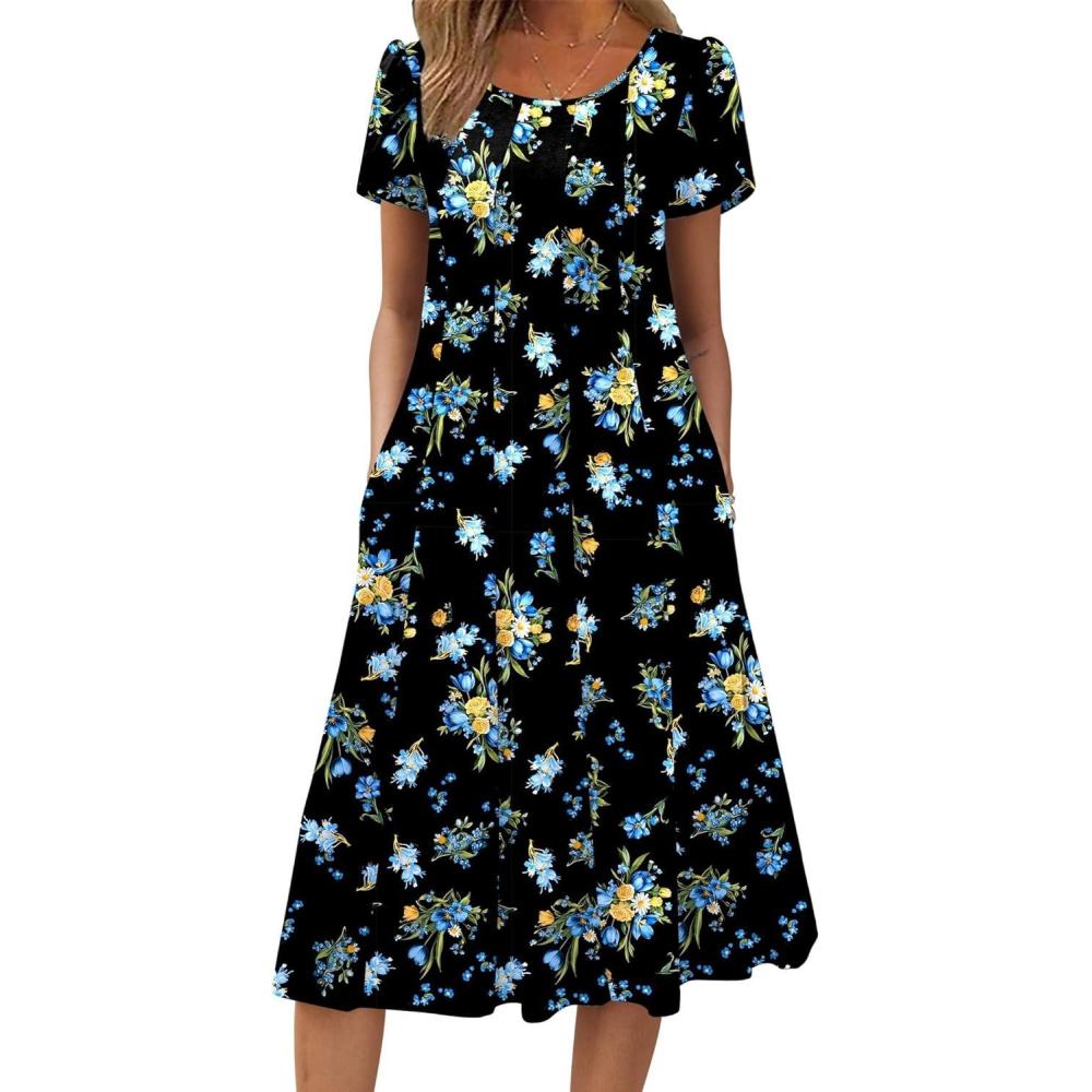 imageZEAGOO Womens Casual Dresses for Summer Short Sleeve Flare Midi Dress Loose Flowy Beach Sundress2602 Navy Flower