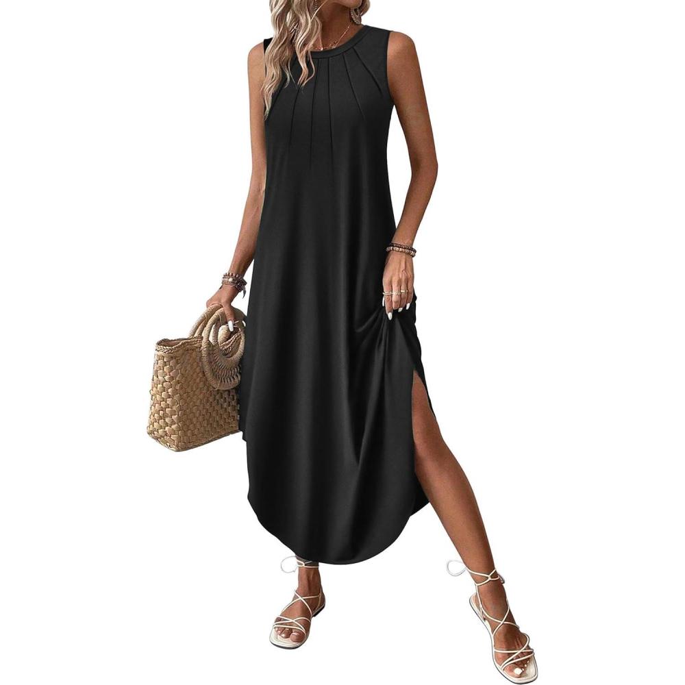 imageZeagoo Women Floral Summer Casual Beach Printed Tank Dress with Pockets Pleated Front Long Dress2601 Ablack