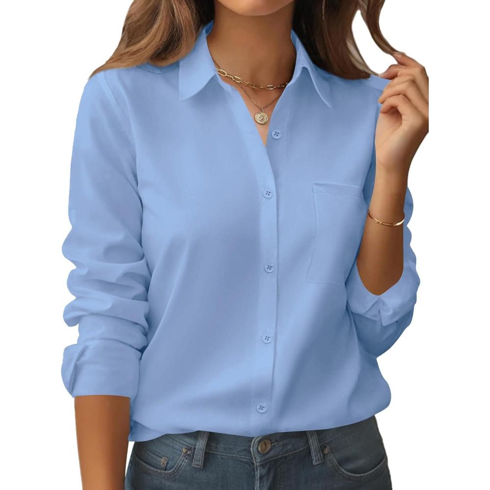 imageZeagoo Womens Button Down Shirt Long Sleeve Blouse Business Work Tops Dressy Casual Floral Printed Outfits with PocketBlight Blue