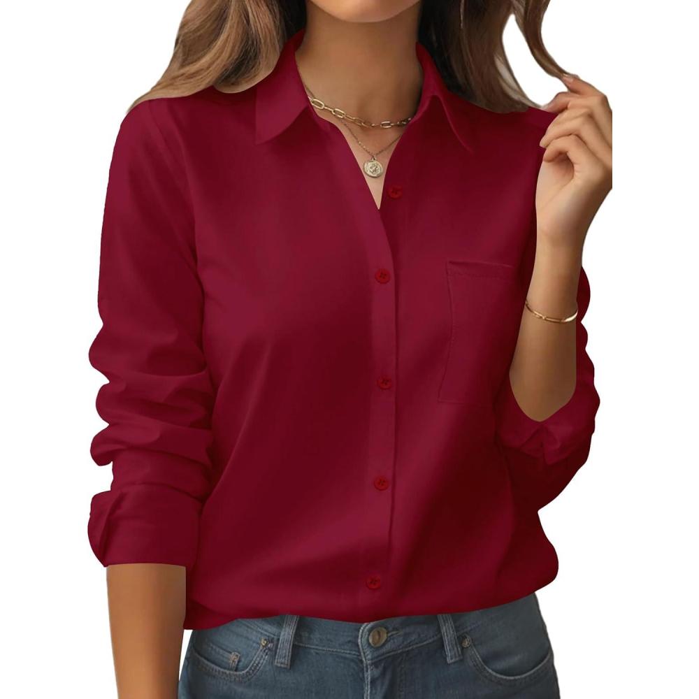 imageZeagoo Womens Button Down Shirt Long Sleeve Blouse Business Work Tops Dressy Casual Floral Printed Outfits with PocketBwine Red