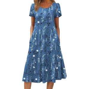 ZEAGOO Womens Casual Dresses for Summer Short Sleeve Flare Midi Dress Loose Flowy Beach Sundress(2602 Blue Flower)