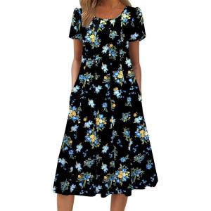 ZEAGOO Womens Casual Dresses for Summer Short Sleeve Flare Midi Dress Loose Flowy Beach Sundress(2602 Navy Flower)