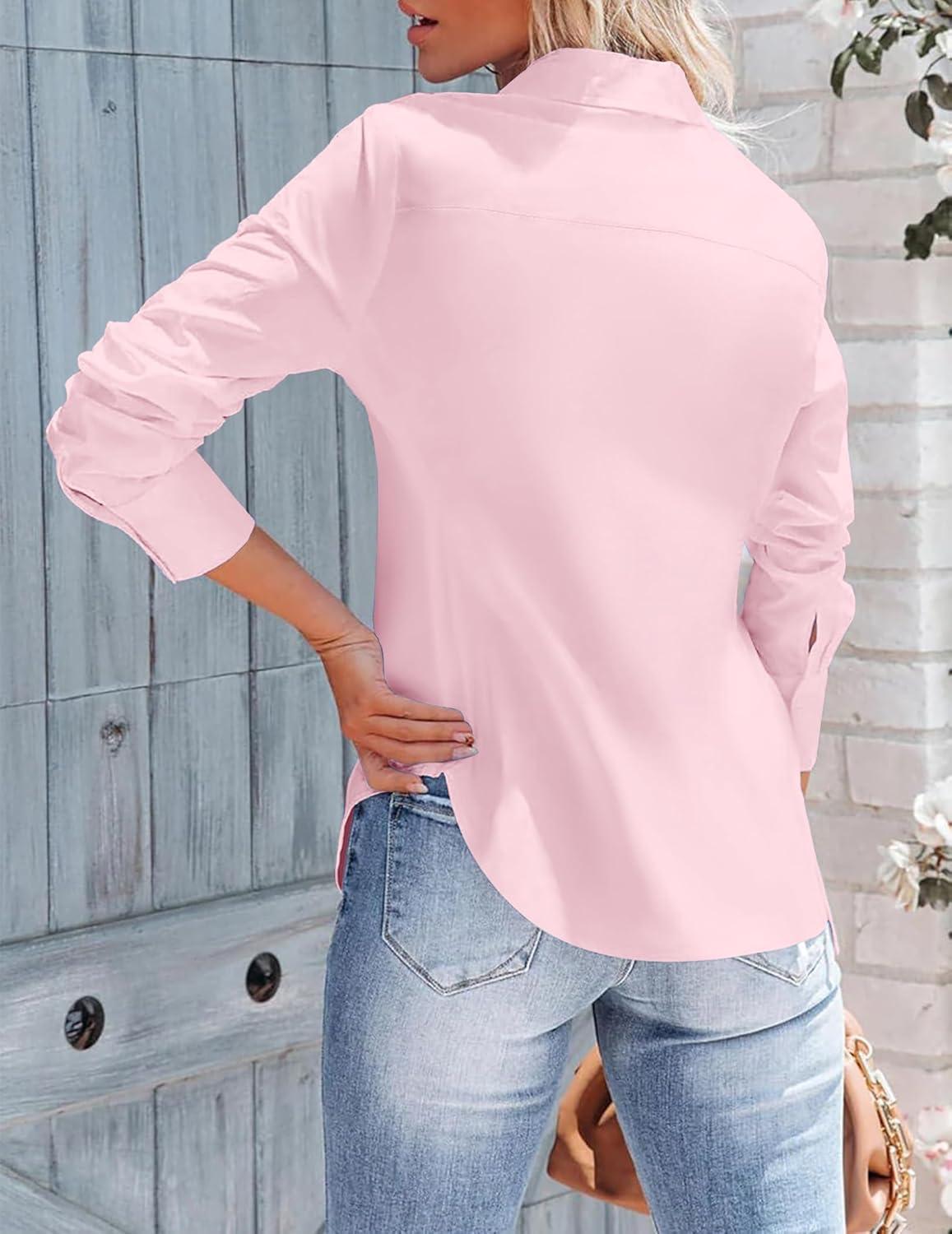 imageZeagoo Womens Button Down Shirts Long Sleeve V Neck Tops Wrinkle Free Collared Work Office Solid Blouses Corset TopsPink