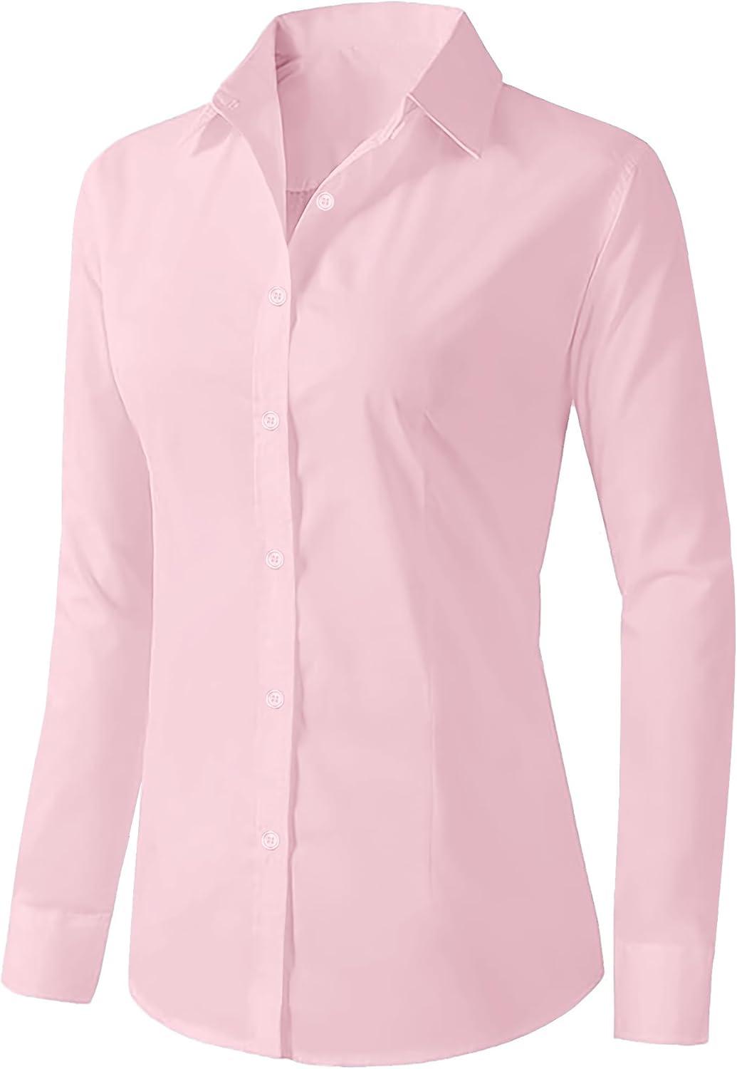 imageZeagoo Womens Button Down Shirts Long Sleeve V Neck Tops Wrinkle Free Collared Work Office Solid Blouses Corset TopsPink