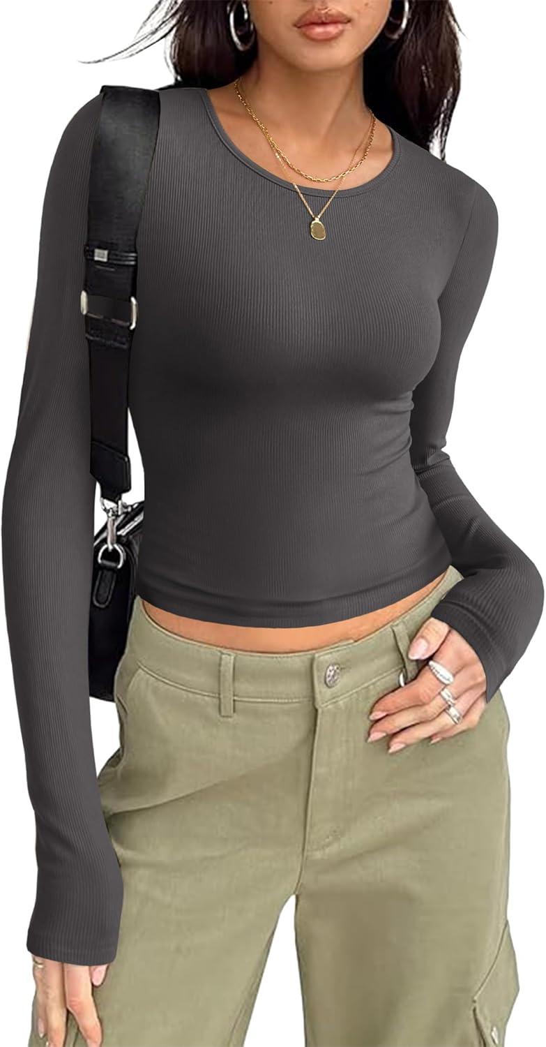 imageZeagoo Womens Ribbed Fitted Crop Tops Long Sleeve T Shirts Basic Scoop Neck Casual Slim Fitted Y2k Clothes 2026Dark Grey