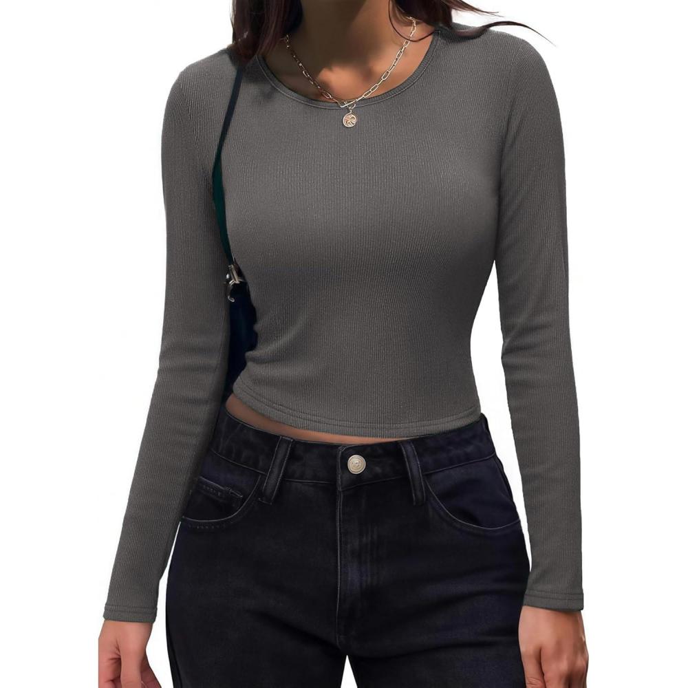 imageZeagoo Womens Ribbed Fitted Crop Tops Long Sleeve T Shirts Basic Scoop Neck Casual Slim Fitted Y2k Clothes 2026Dark Grey