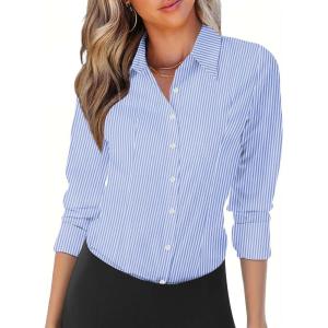 Zeagoo Womens Button Down Shirts Long Sleeve V Neck Tops Wrinkle Free Collared Work Office Solid Blouses Corset Tops(Light Blue Stripe)