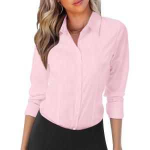 Zeagoo Womens Button Down Shirts Long Sleeve V Neck Tops Wrinkle Free Collared Work Office Solid Blouses Corset Tops(Pink)