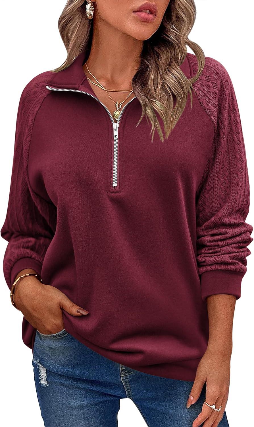 imageZeagoo Womens Sweatshrits Quarter Zip Pullover Fleece Sweatshirt Casual Cable Knit Sleeve Hoodies Fashion Outfits ClothesDark Red