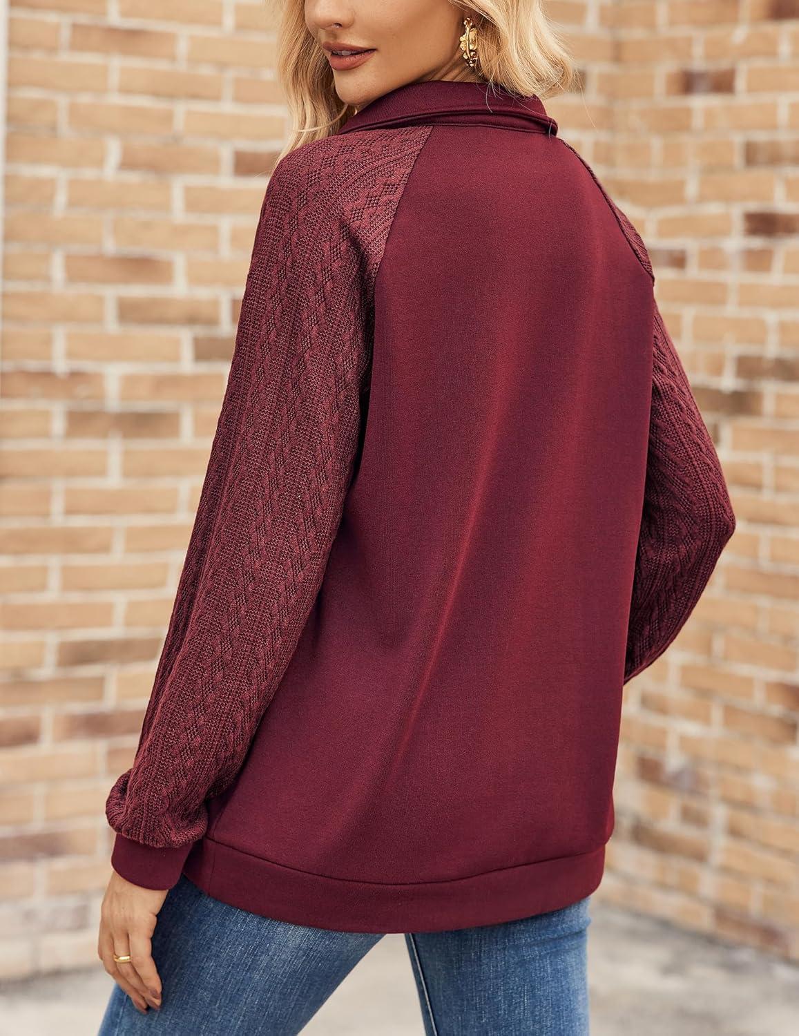 imageZeagoo Womens Sweatshrits Quarter Zip Pullover Fleece Sweatshirt Casual Cable Knit Sleeve Hoodies Fashion Outfits ClothesDark Red