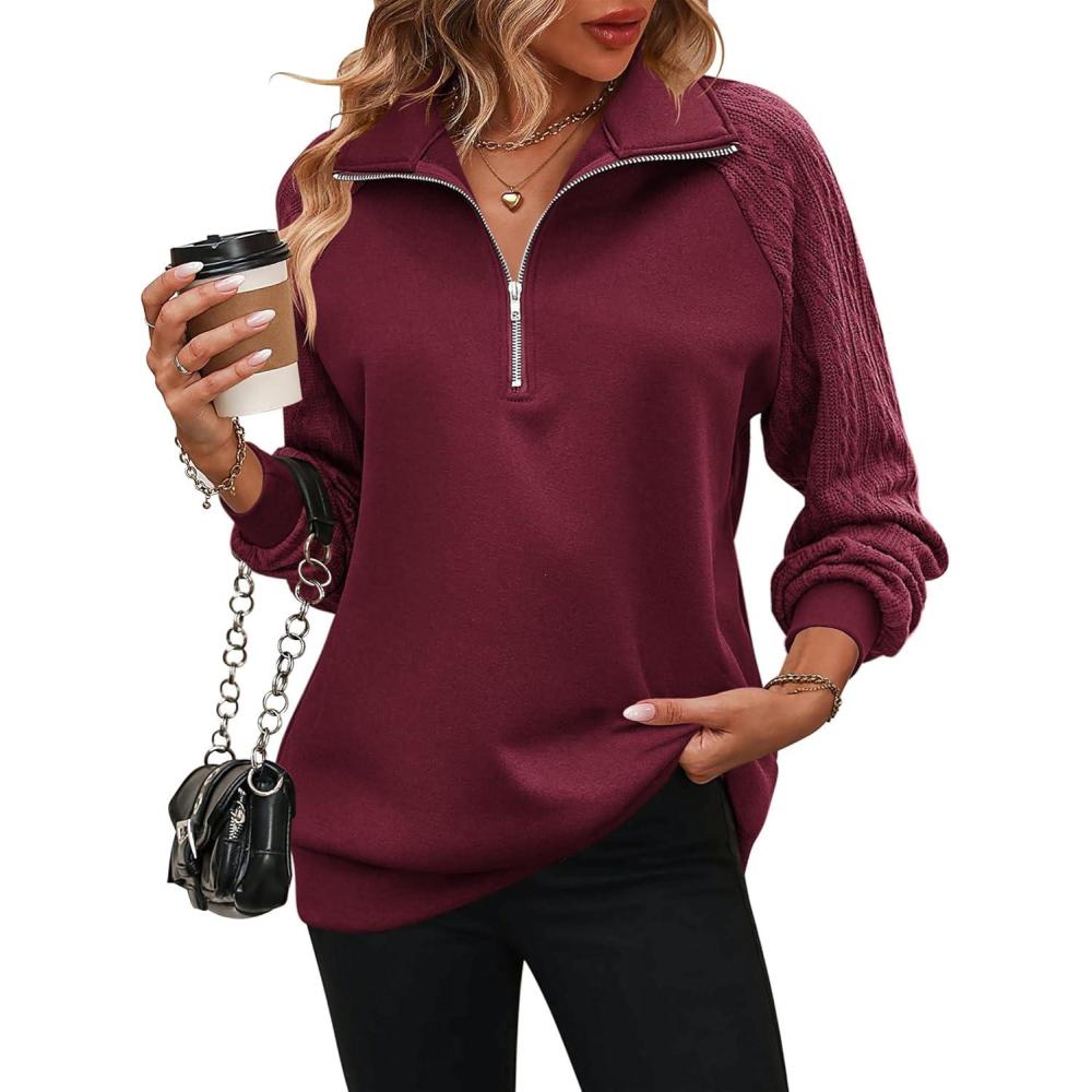 imageZeagoo Womens Sweatshrits Quarter Zip Pullover Fleece Sweatshirt Casual Cable Knit Sleeve Hoodies Fashion Outfits ClothesDark Red