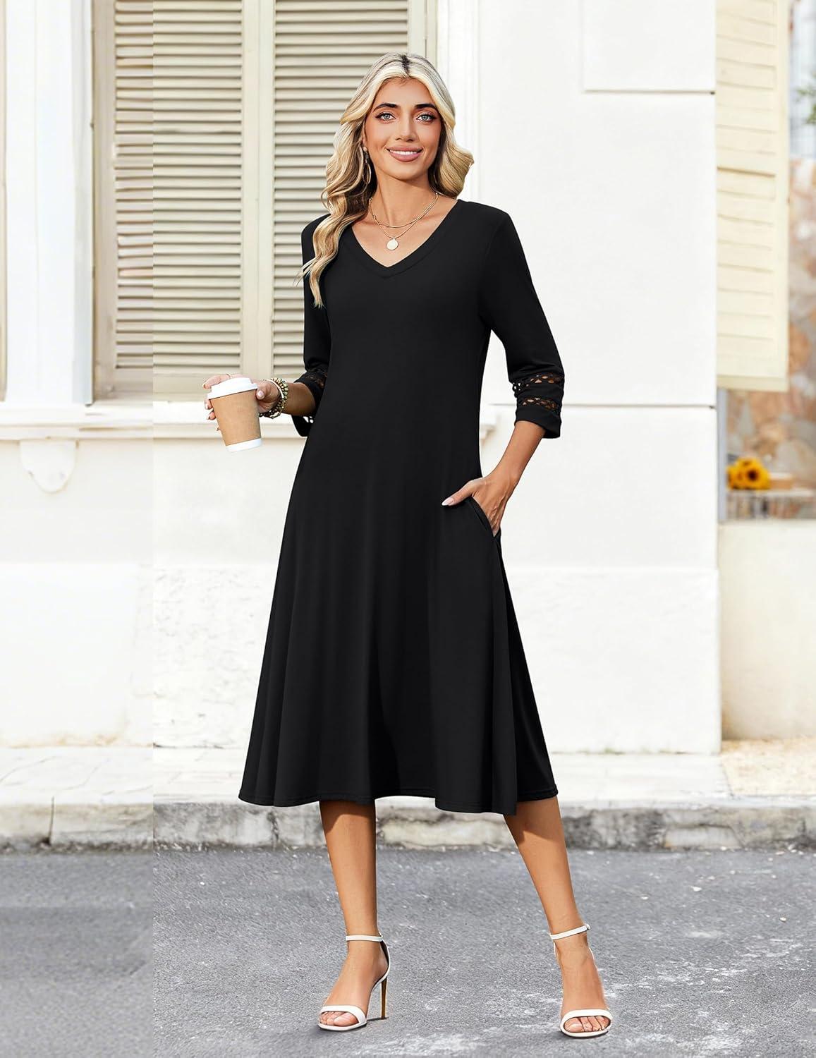 imageZeagoo Women Casual Dress 34 Sleeve Casual Loose Midi Dress01black