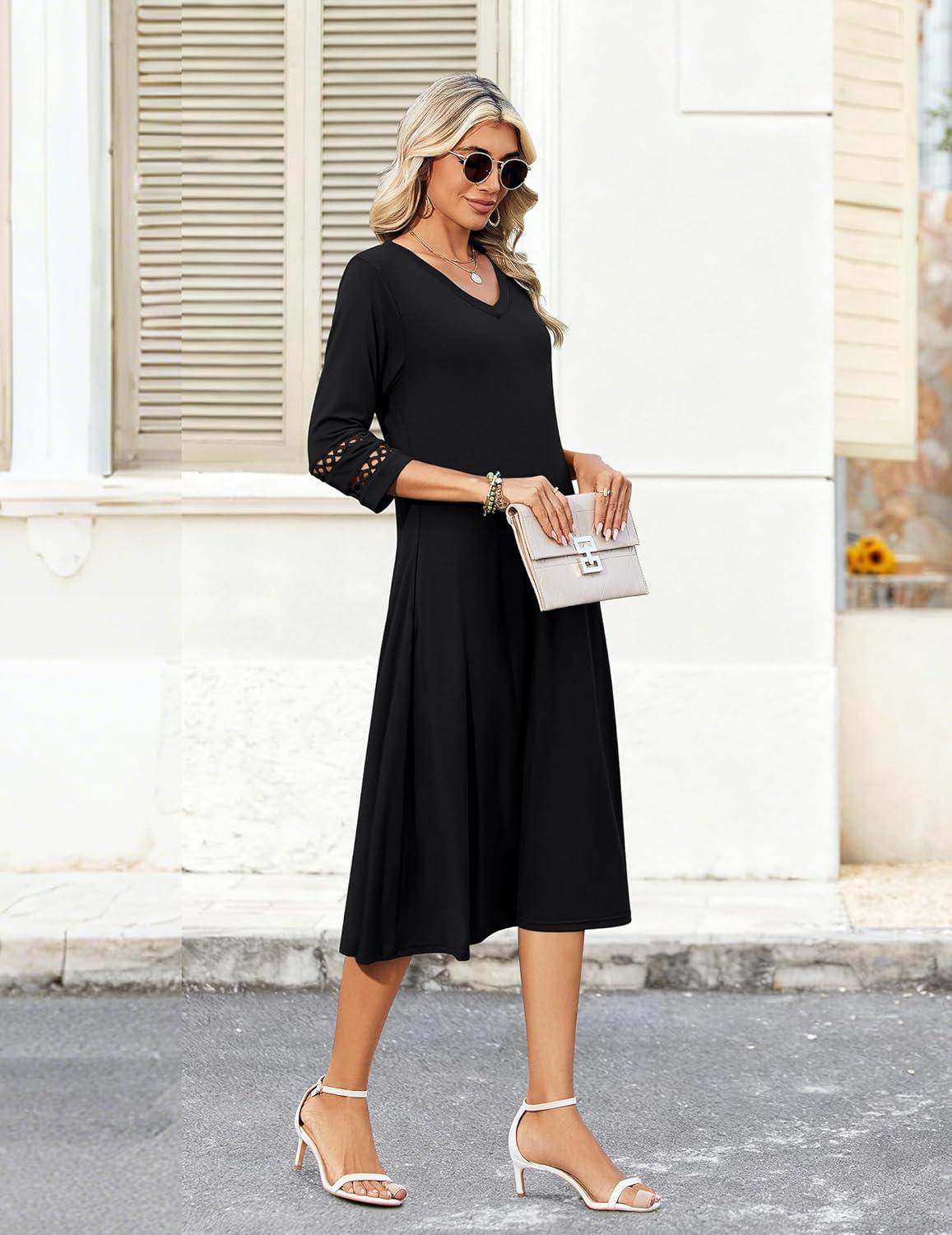 imageZeagoo Women Casual Dress 34 Sleeve Casual Loose Midi Dress01black