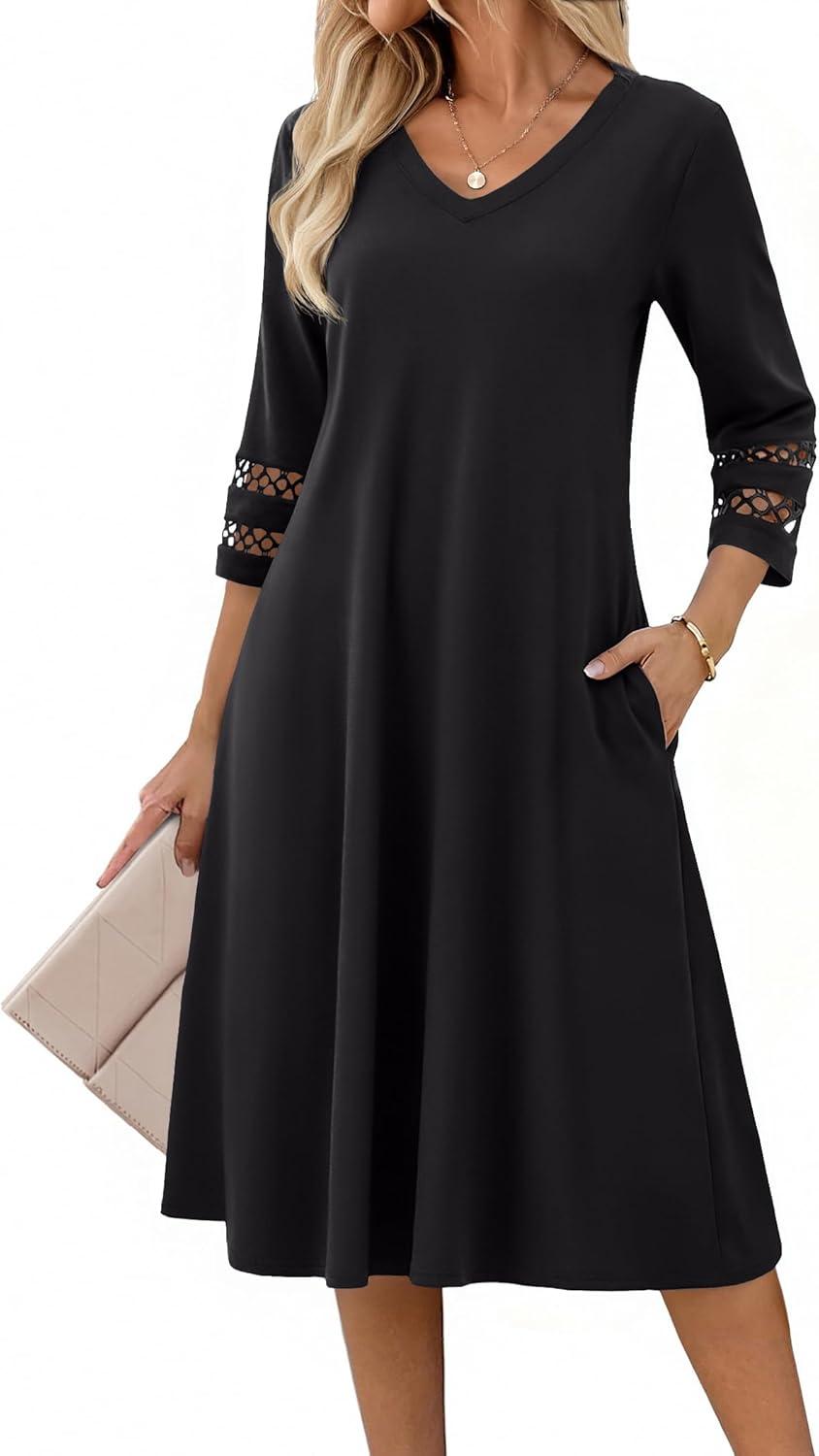 imageZeagoo Women Casual Dress 34 Sleeve Casual Loose Midi Dress01black