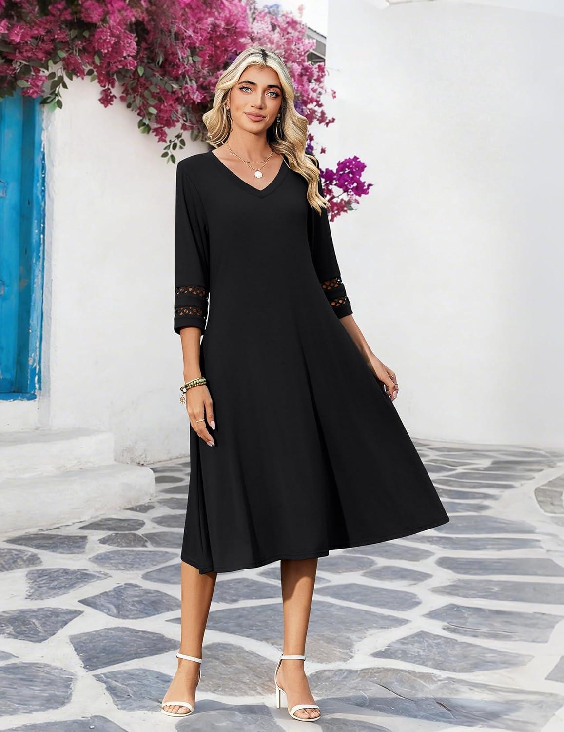 imageZeagoo Women Casual Dress 34 Sleeve Casual Loose Midi Dress01black