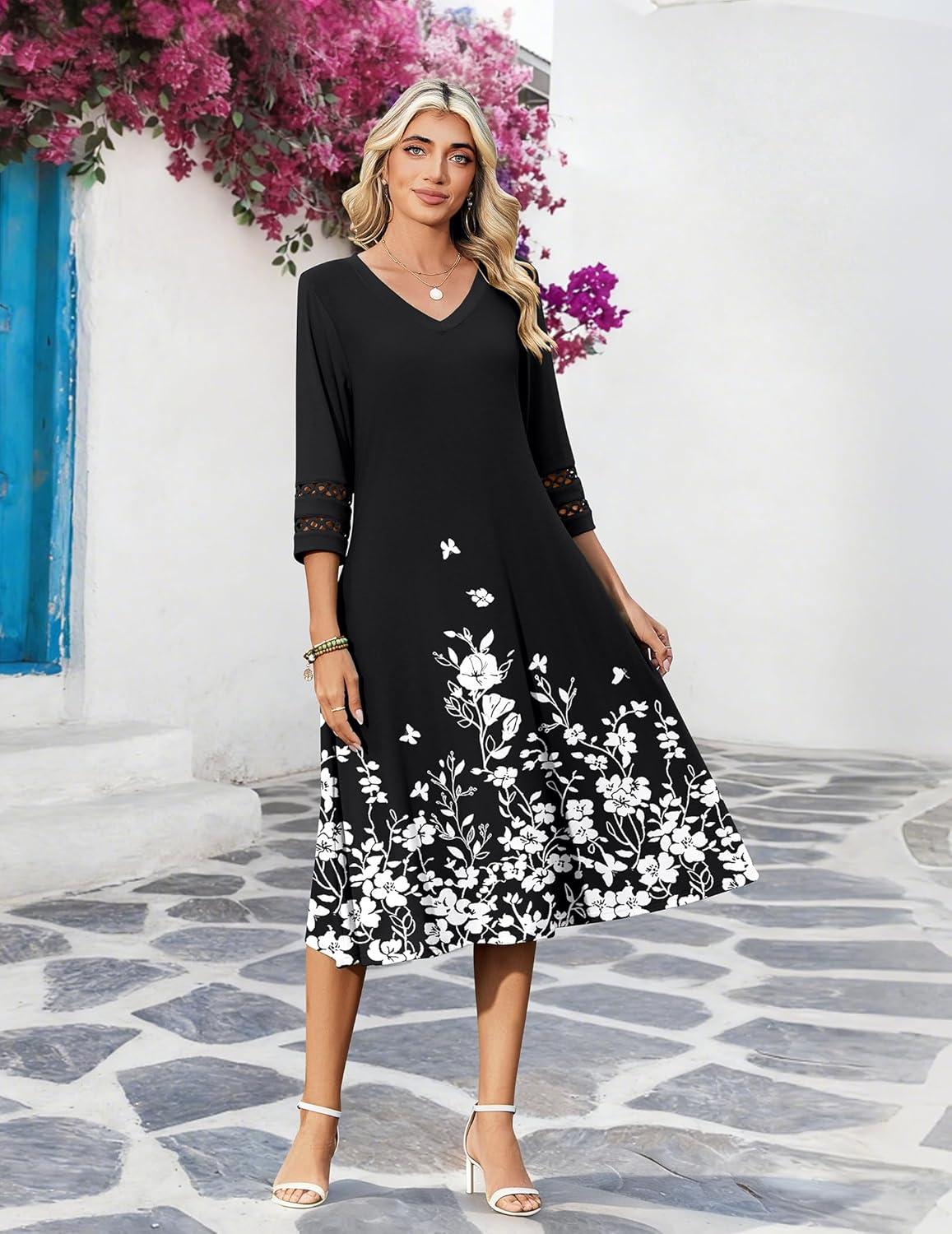 imageZeagoo Women Casual Dress 34 Sleeve Casual Loose Midi DressSf100