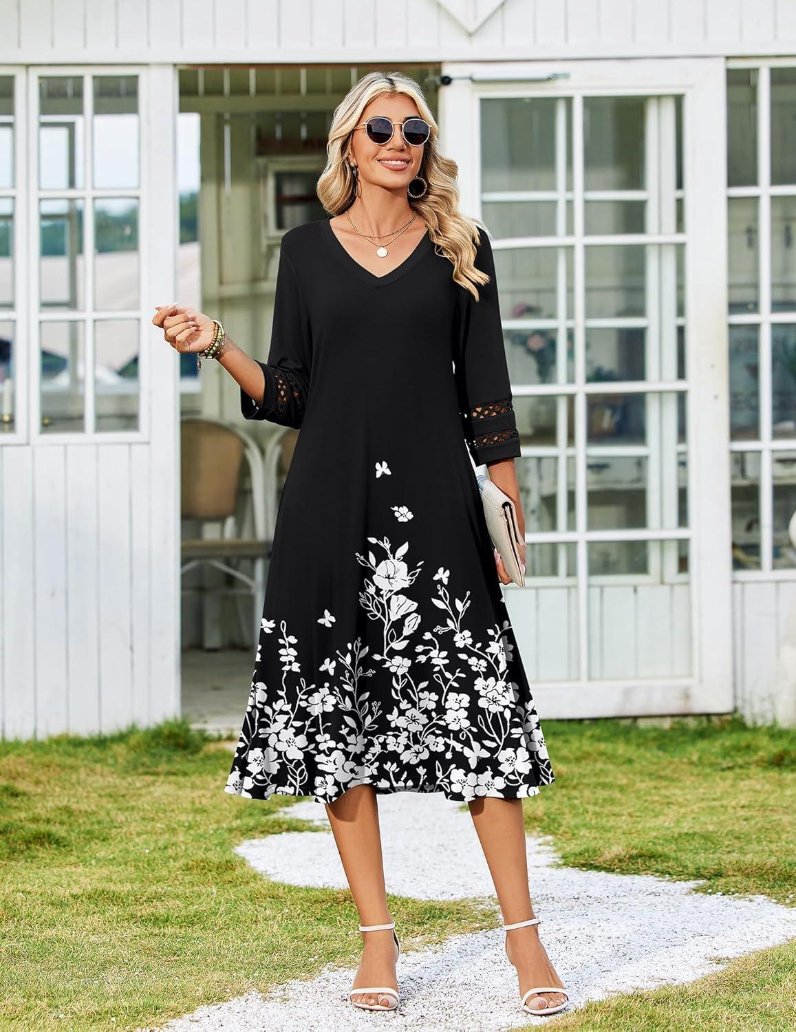 imageZeagoo Women Casual Dress 34 Sleeve Casual Loose Midi DressSf100