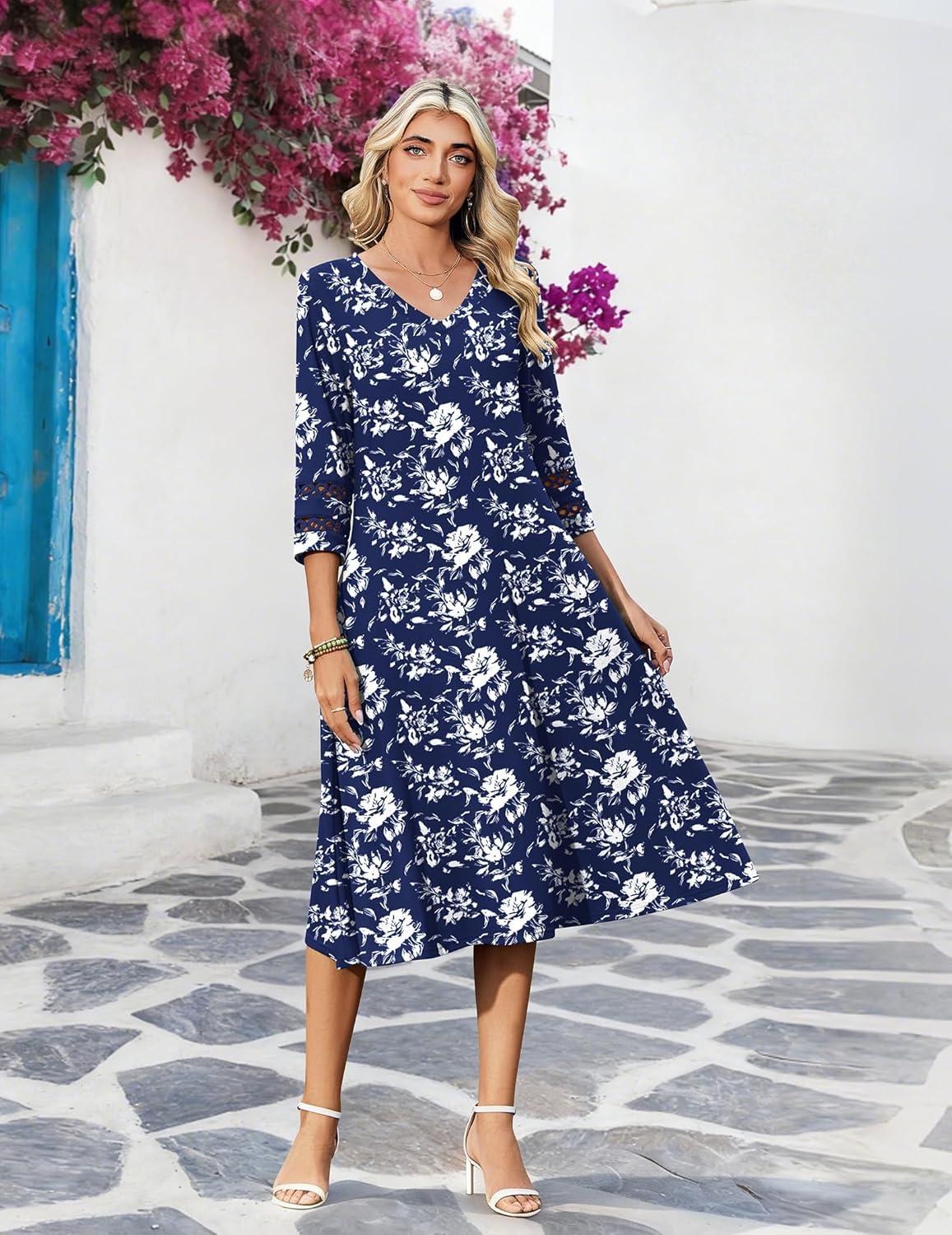 imageZeagoo Women Casual Dress 34 Sleeve Casual Loose Midi DressSf238