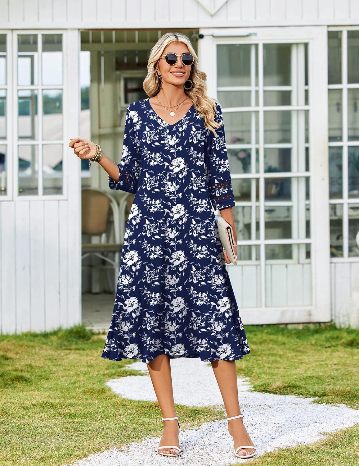 imageZeagoo Women Casual Dress 34 Sleeve Casual Loose Midi DressSf238