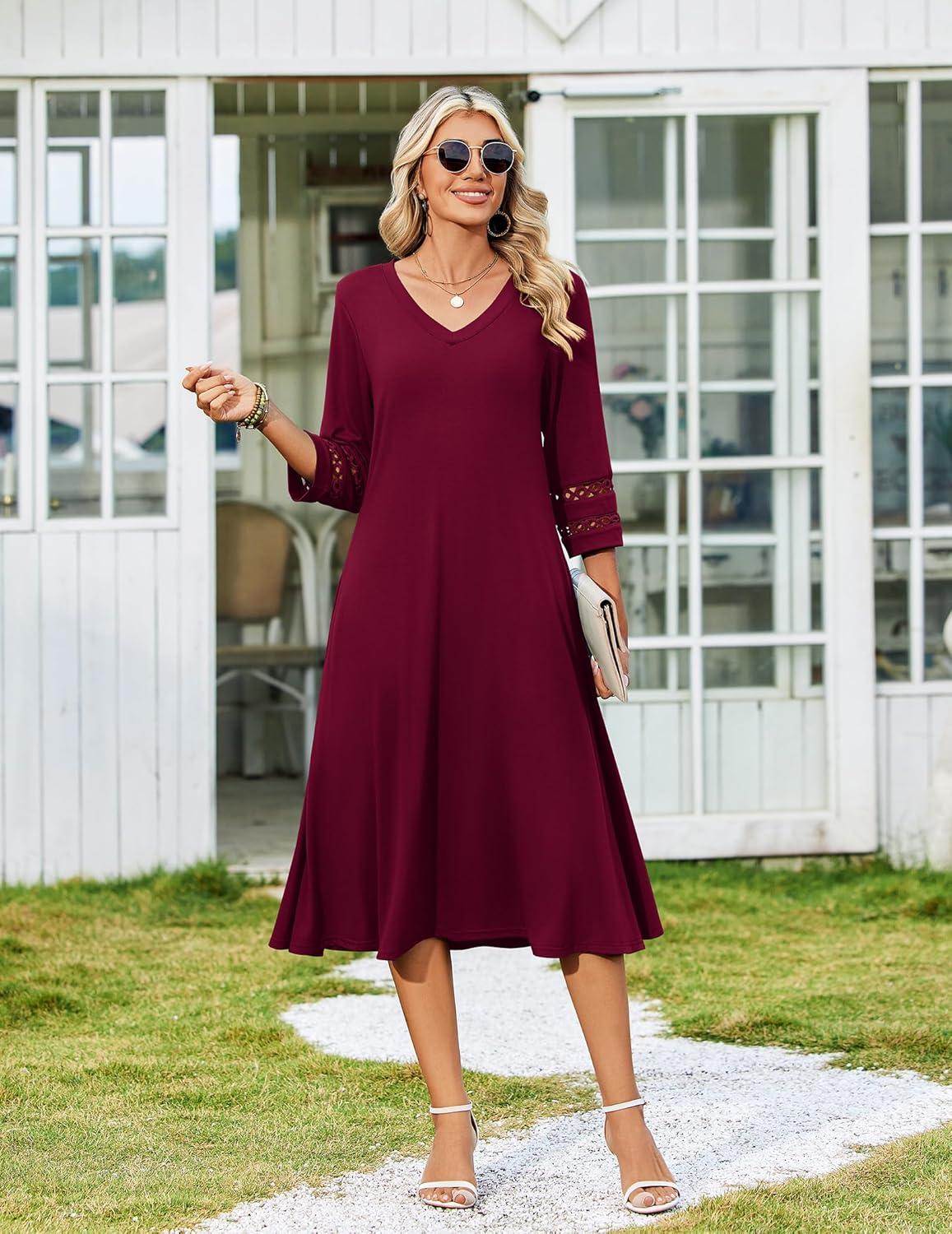 imageZeagoo Women Casual Dress 34 Sleeve Casual Loose Midi DressWine Red