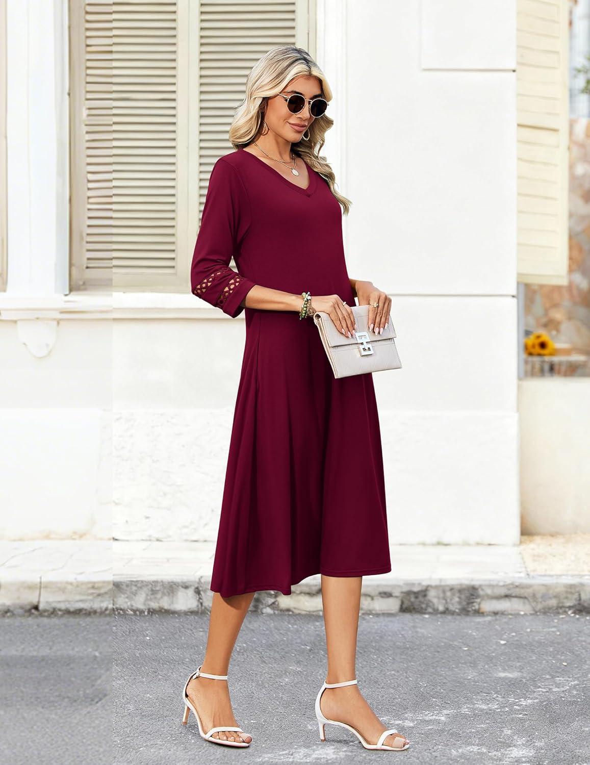 imageZeagoo Women Casual Dress 34 Sleeve Casual Loose Midi DressWine Red