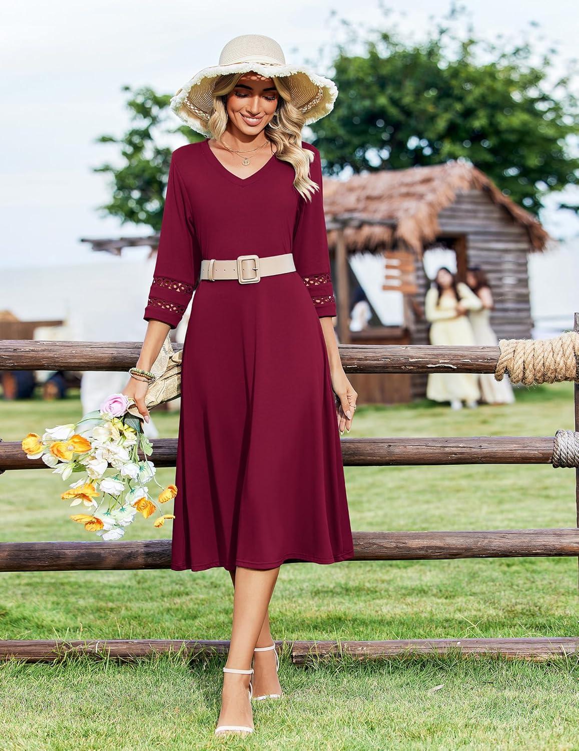 imageZeagoo Women Casual Dress 34 Sleeve Casual Loose Midi DressWine Red