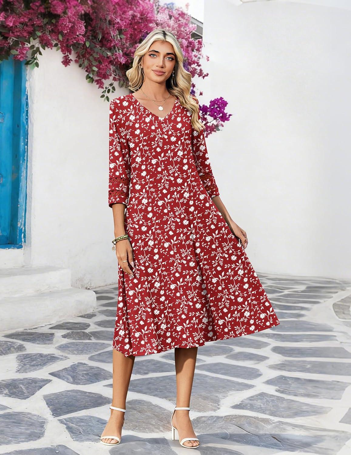 imageZeagoo Women Casual Dress 34 Sleeve Casual Loose Midi DressXh268
