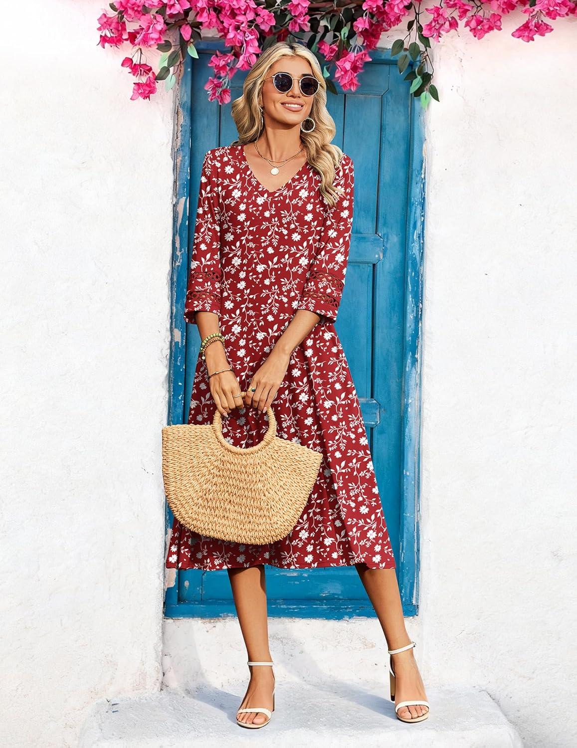 imageZeagoo Women Casual Dress 34 Sleeve Casual Loose Midi DressXh268