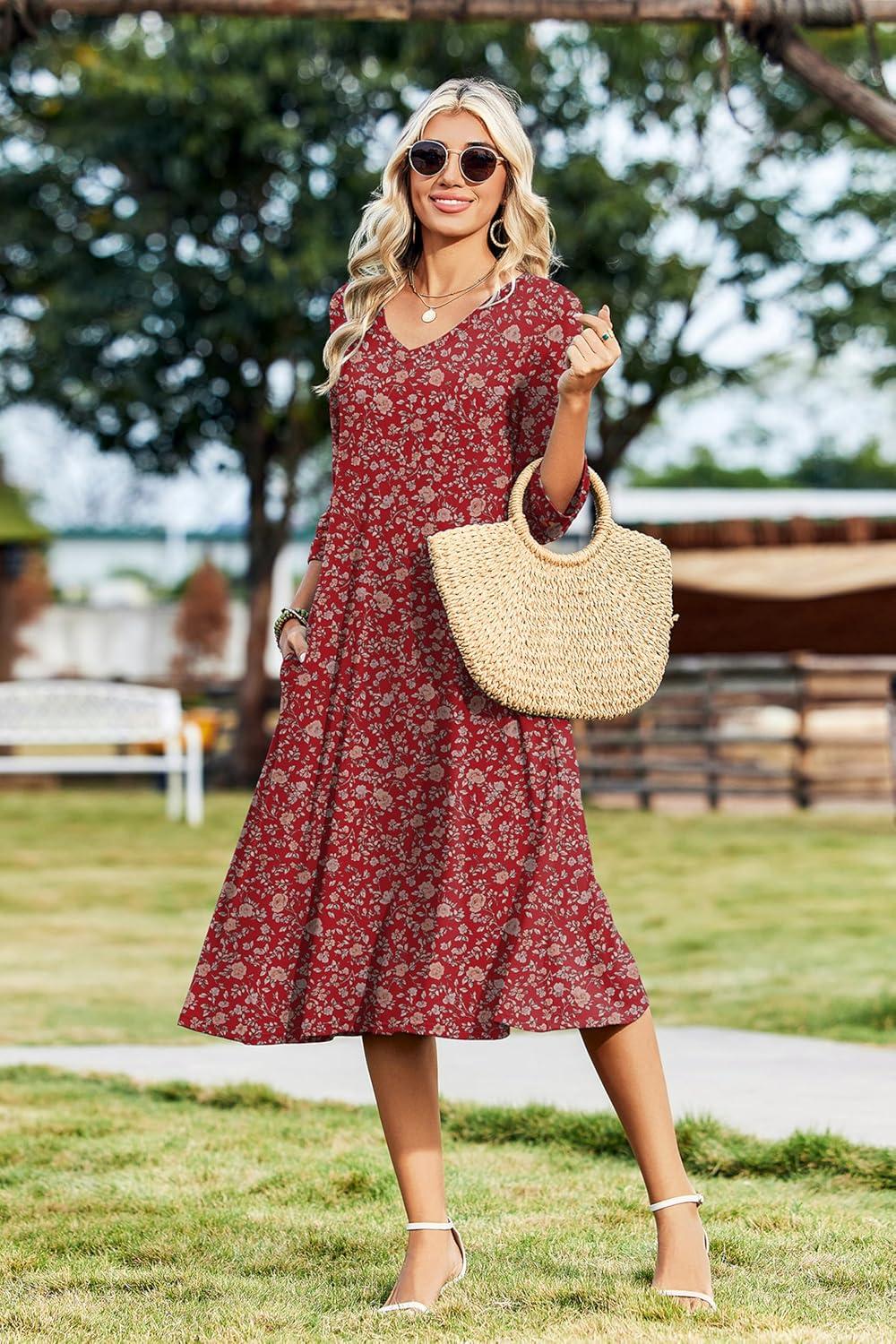 imageZeagoo Women Casual Dress 34 Sleeve Casual Loose Midi DressXh546