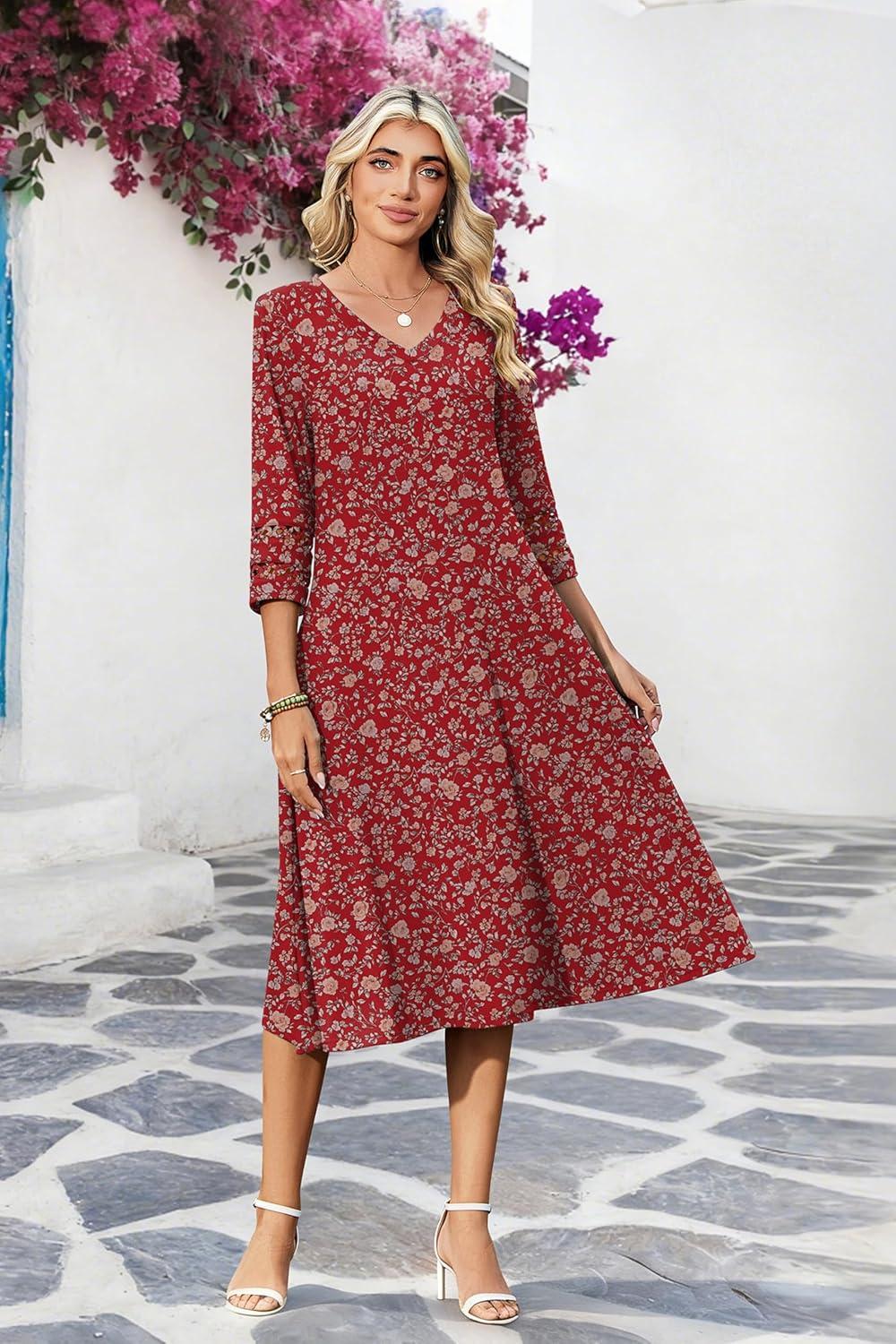 imageZeagoo Women Casual Dress 34 Sleeve Casual Loose Midi DressXh546