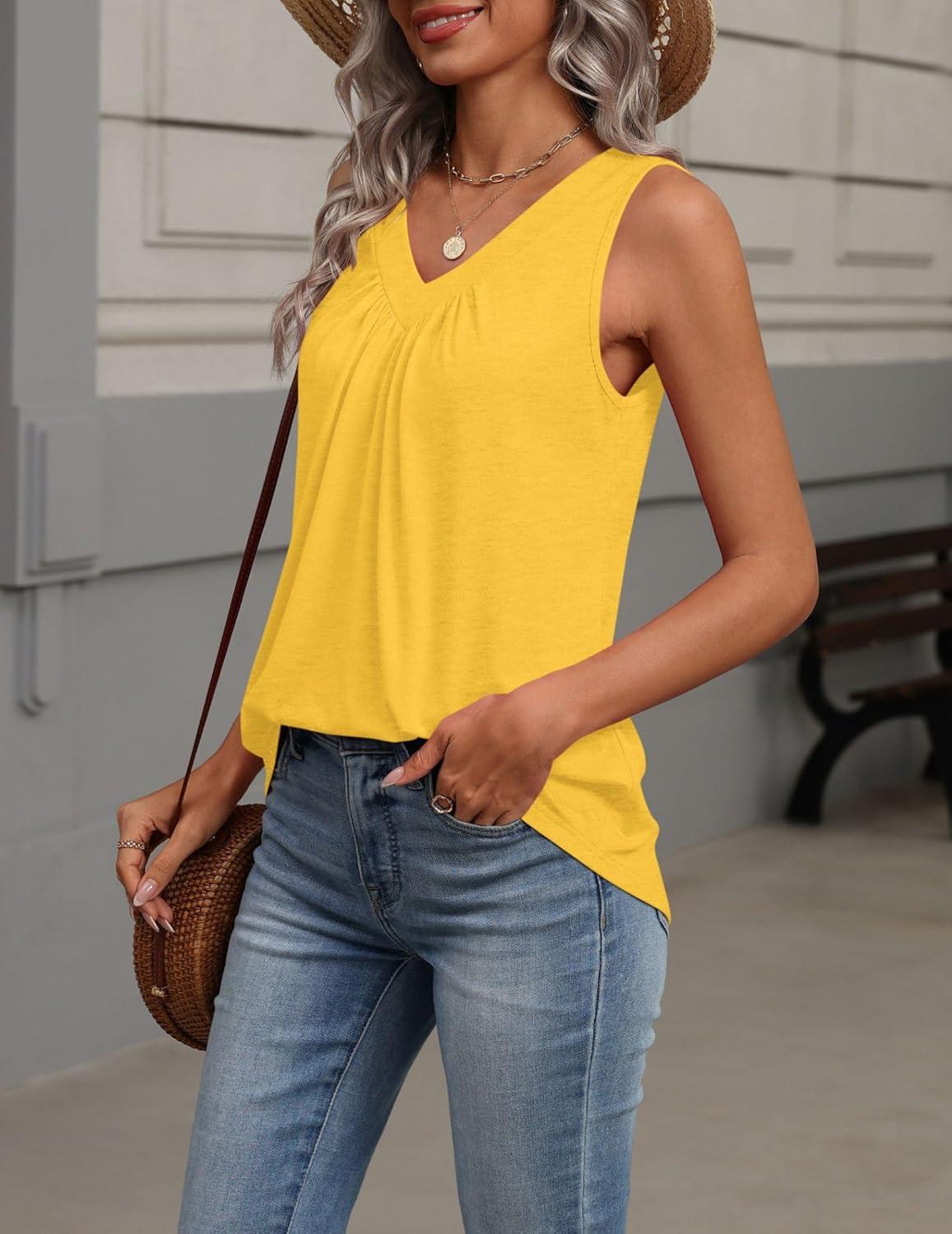 imageZeagoo Womens Tank Tops Summer Sleeveless Loose Fit Tops V Neck Pleated Shirts Basic Tees Dressy Casual Trendy ClothesYellow