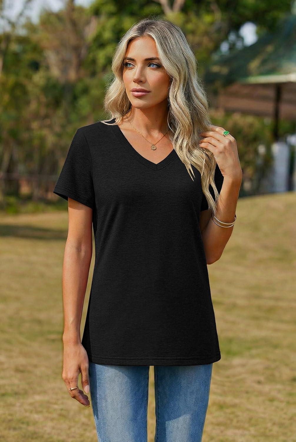 imageZeagoo Womens Tops Summer Casual Short Sleeve Tshirts Business Basic Spring VNeck Shirts Outfits S3XLAblack