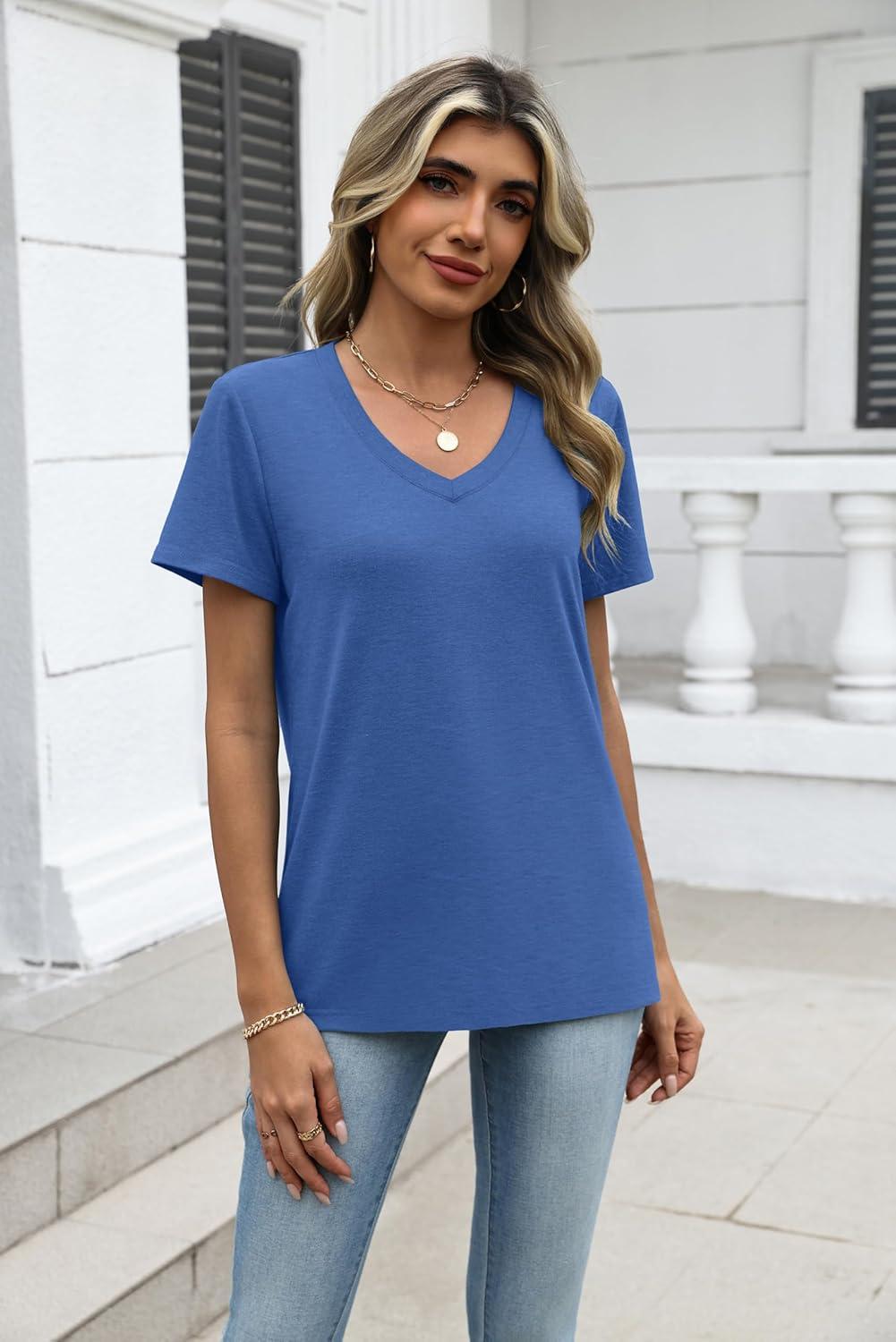 imageZeagoo Womens Tops Summer Casual Short Sleeve Tshirts Business Basic Spring VNeck Shirts Outfits S3XLZblue