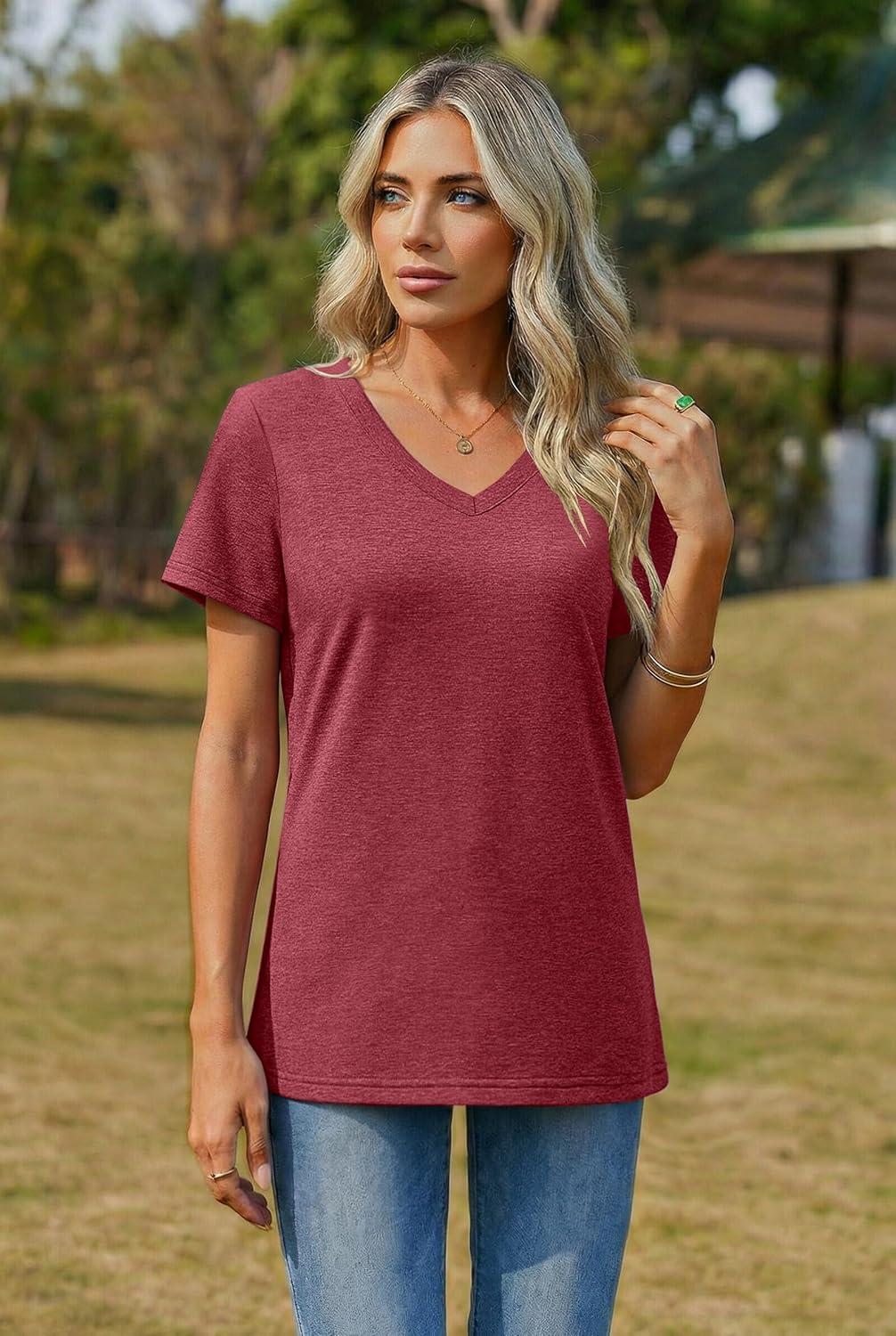 imageZeagoo Womens Tops Summer Casual Short Sleeve Tshirts Business Basic Spring VNeck Shirts Outfits S3XLZred
