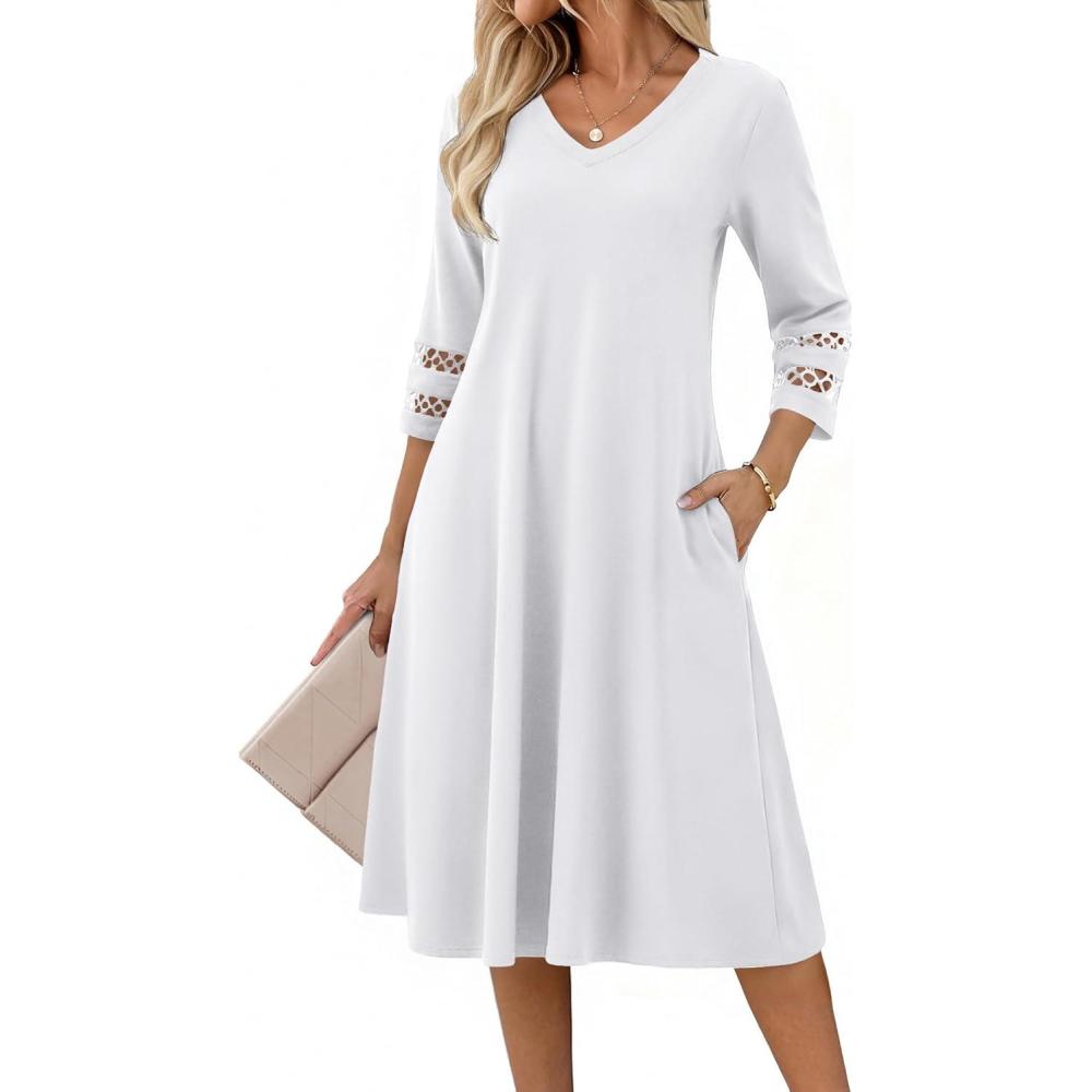 imageZeagoo Women Casual Dress 34 Sleeve Casual Loose Midi Dress02white