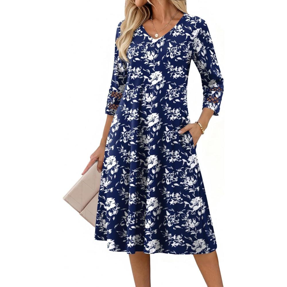 imageZeagoo Women Casual Dress 34 Sleeve Casual Loose Midi DressSf238